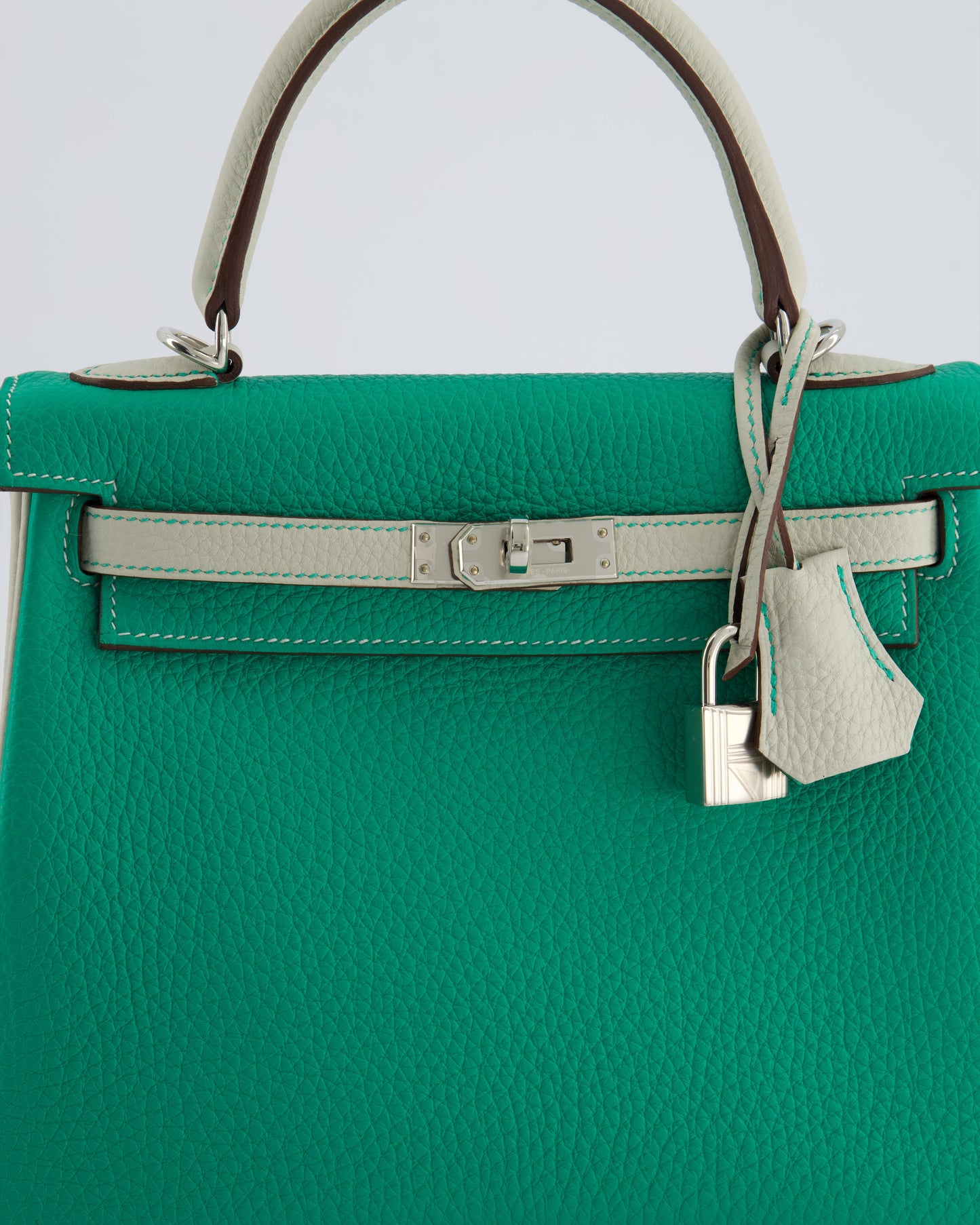 *SUPER RARE* Hermes HSS Kelly 25 Retourne Bag in Vert Vertigo & Gris Perle Togo Leather with Palladium Hardware & Contrast Stitching