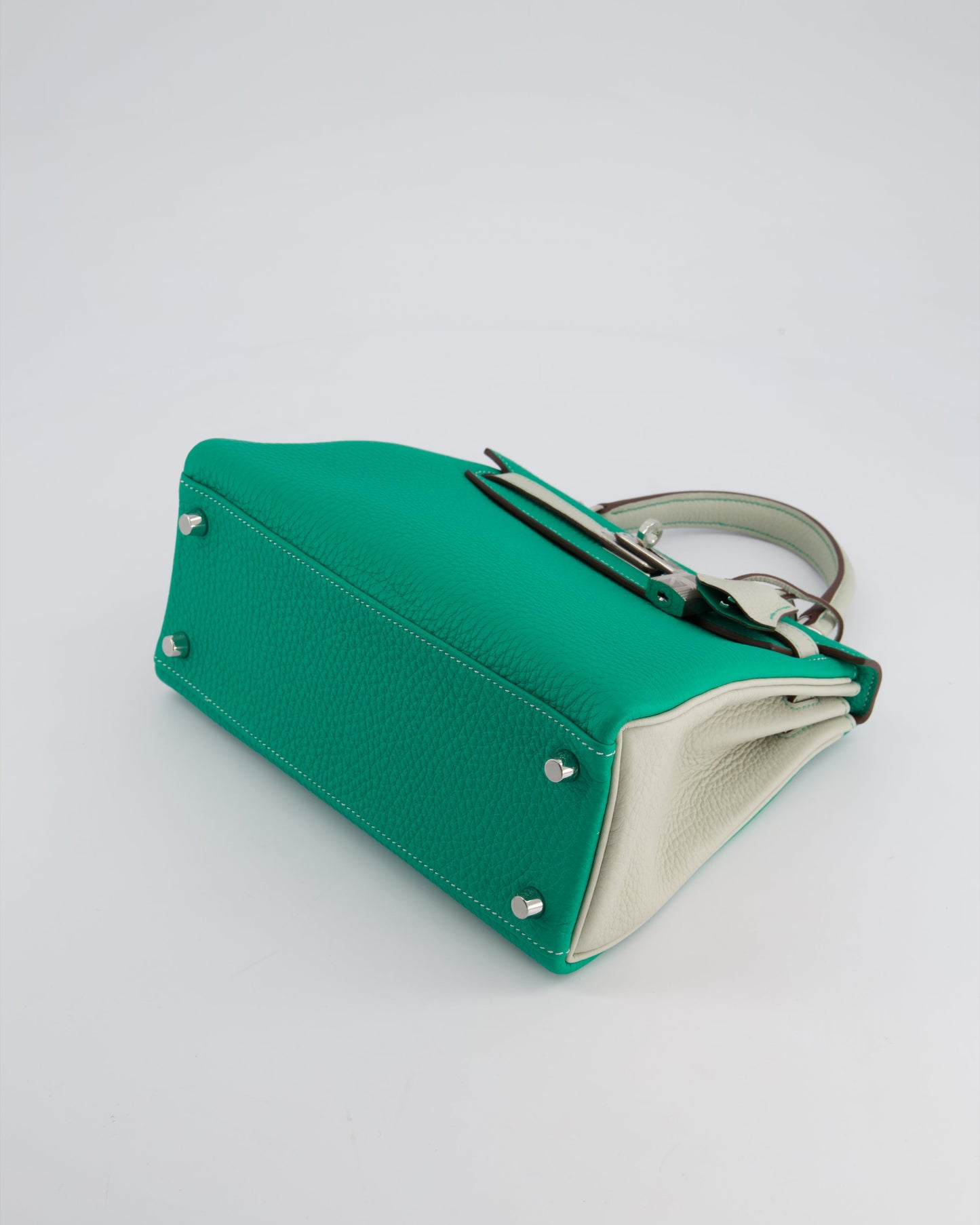 *SUPER RARE* Hermes HSS Kelly 25 Retourne Bag in Vert Vertigo & Gris Perle Togo Leather with Palladium Hardware & Contrast Stitching