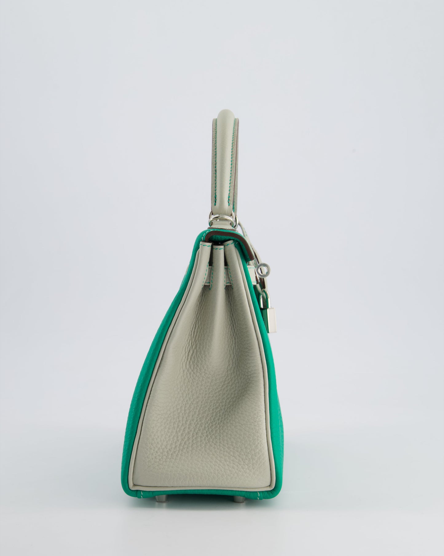 *SUPER RARE* Hermes HSS Kelly 25 Retourne Bag in Vert Vertigo & Gris Perle Togo Leather with Palladium Hardware & Contrast Stitching