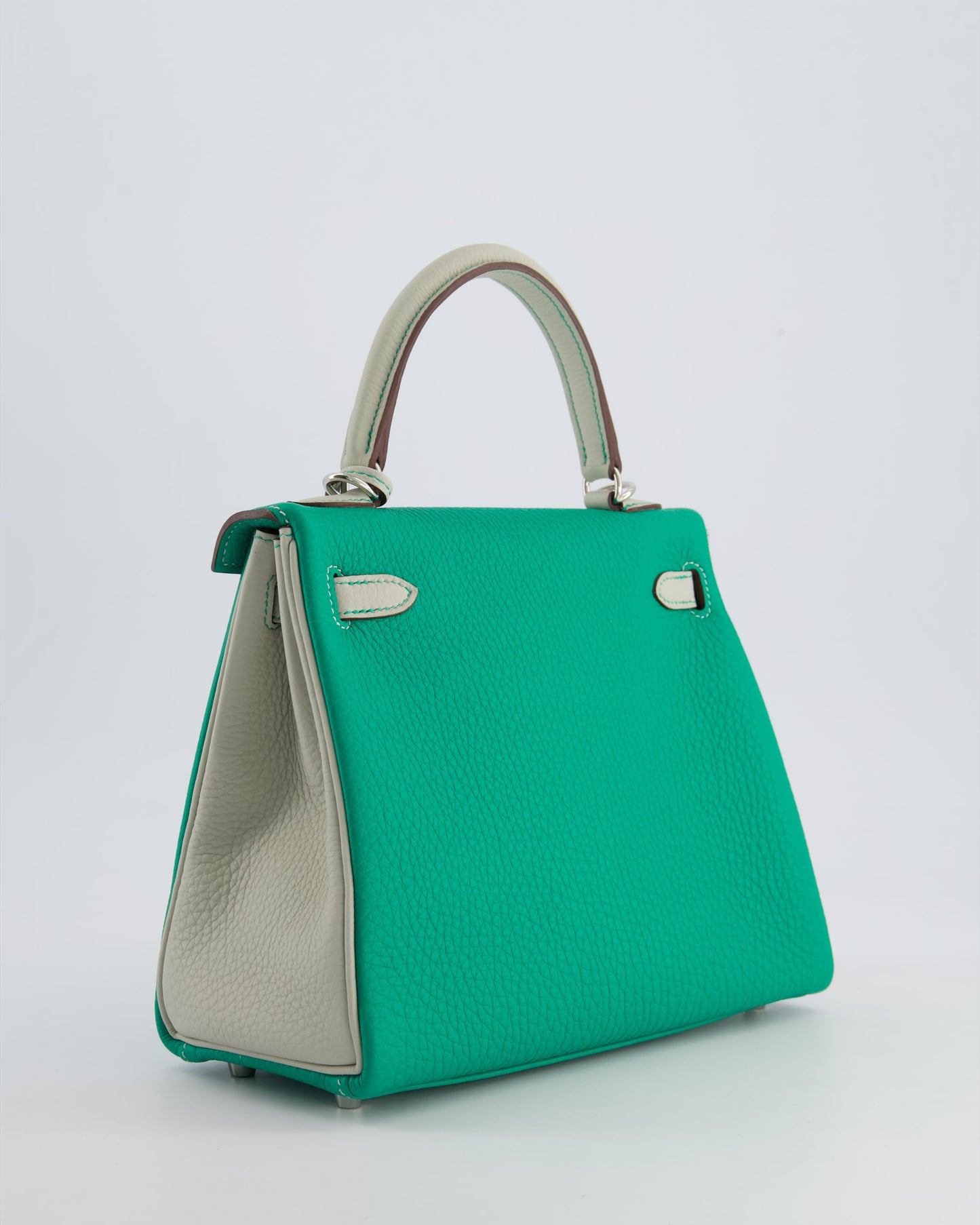 *SUPER RARE* Hermes HSS Kelly 25 Retourne Bag in Vert Vertigo & Gris Perle Togo Leather with Palladium Hardware & Contrast Stitching