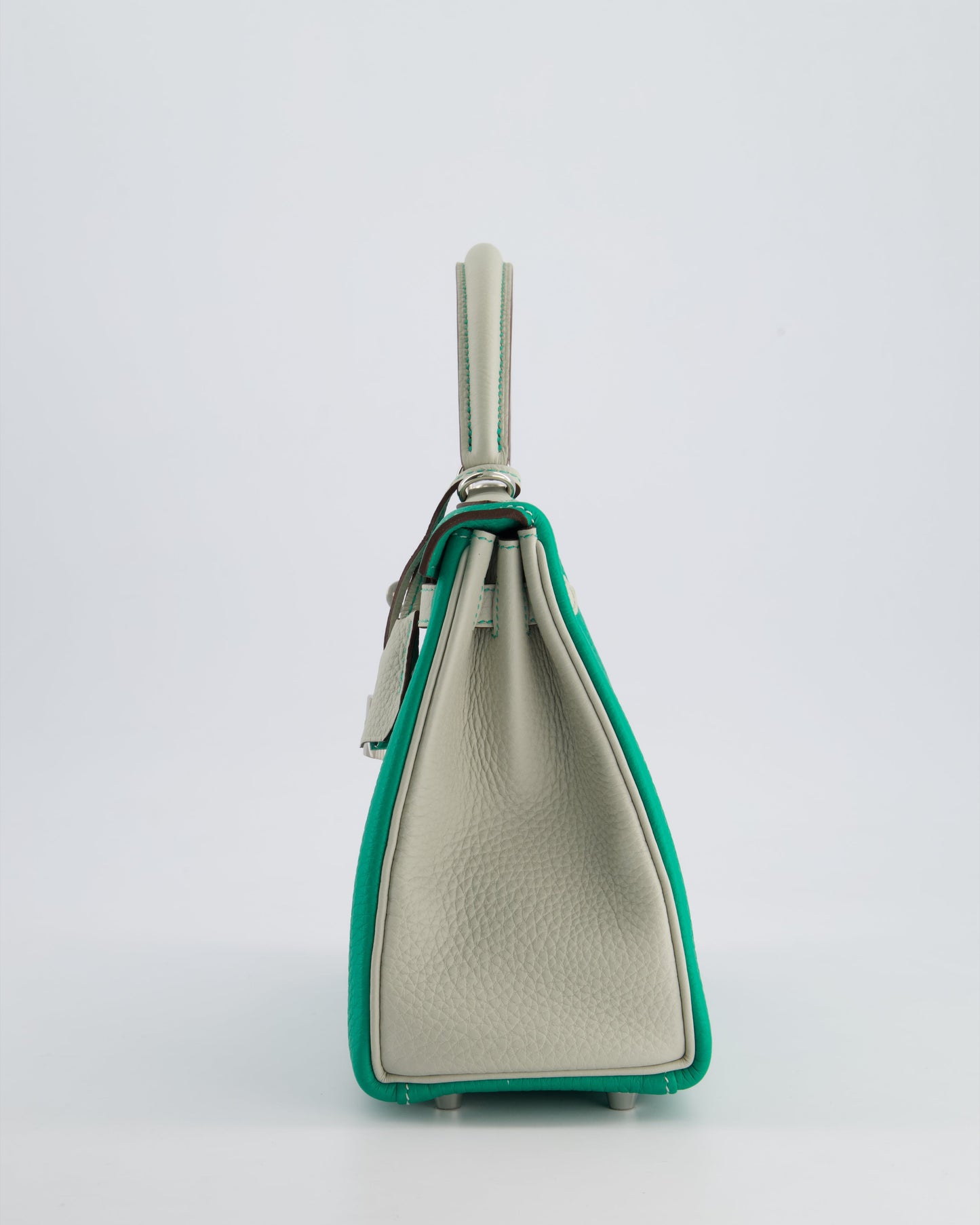 *SUPER RARE* Hermes HSS Kelly 25 Retourne Bag in Vert Vertigo & Gris Perle Togo Leather with Palladium Hardware & Contrast Stitching