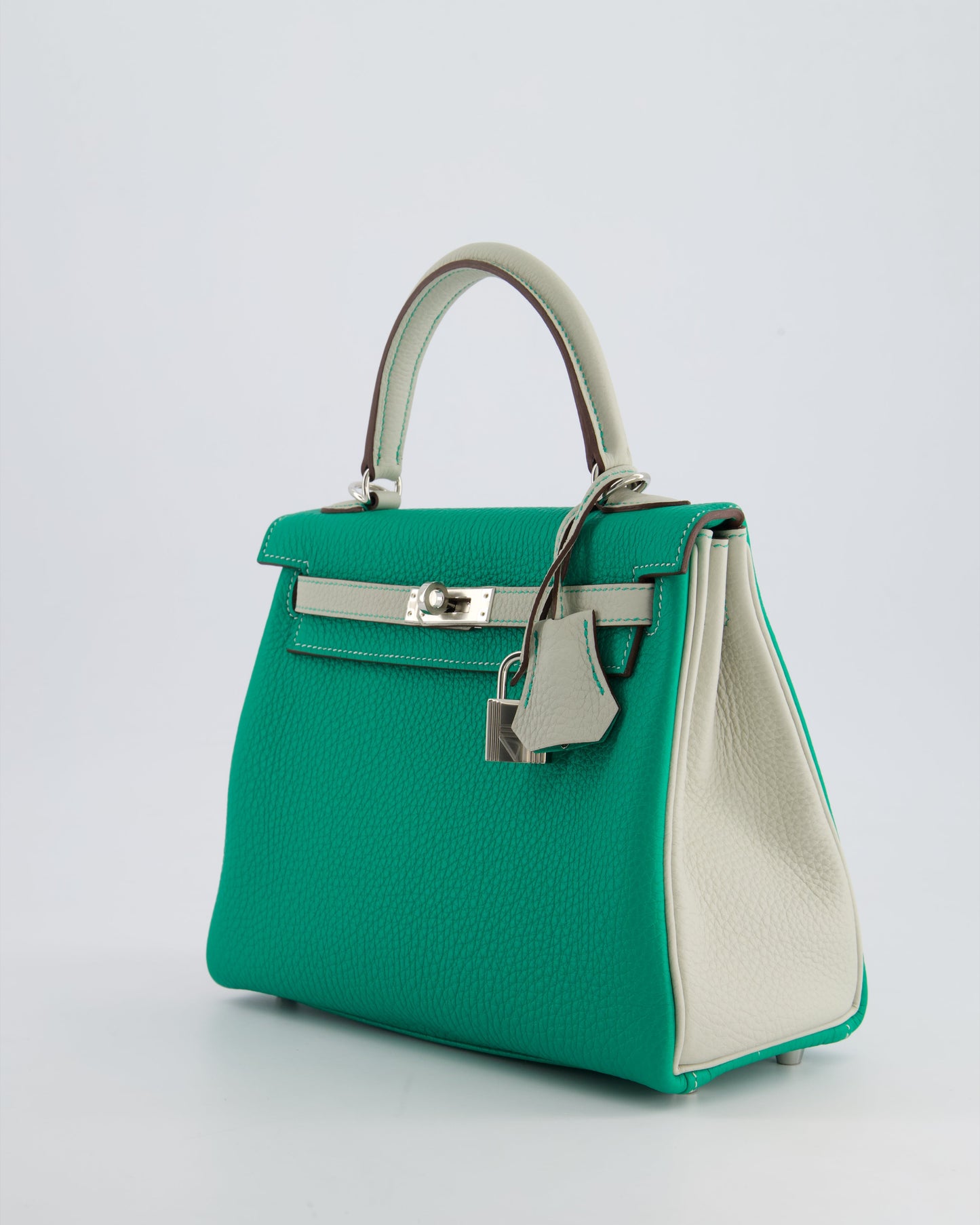 *SUPER RARE* Hermes HSS Kelly 25 Retourne Bag in Vert Vertigo & Gris Perle Togo Leather with Palladium Hardware & Contrast Stitching