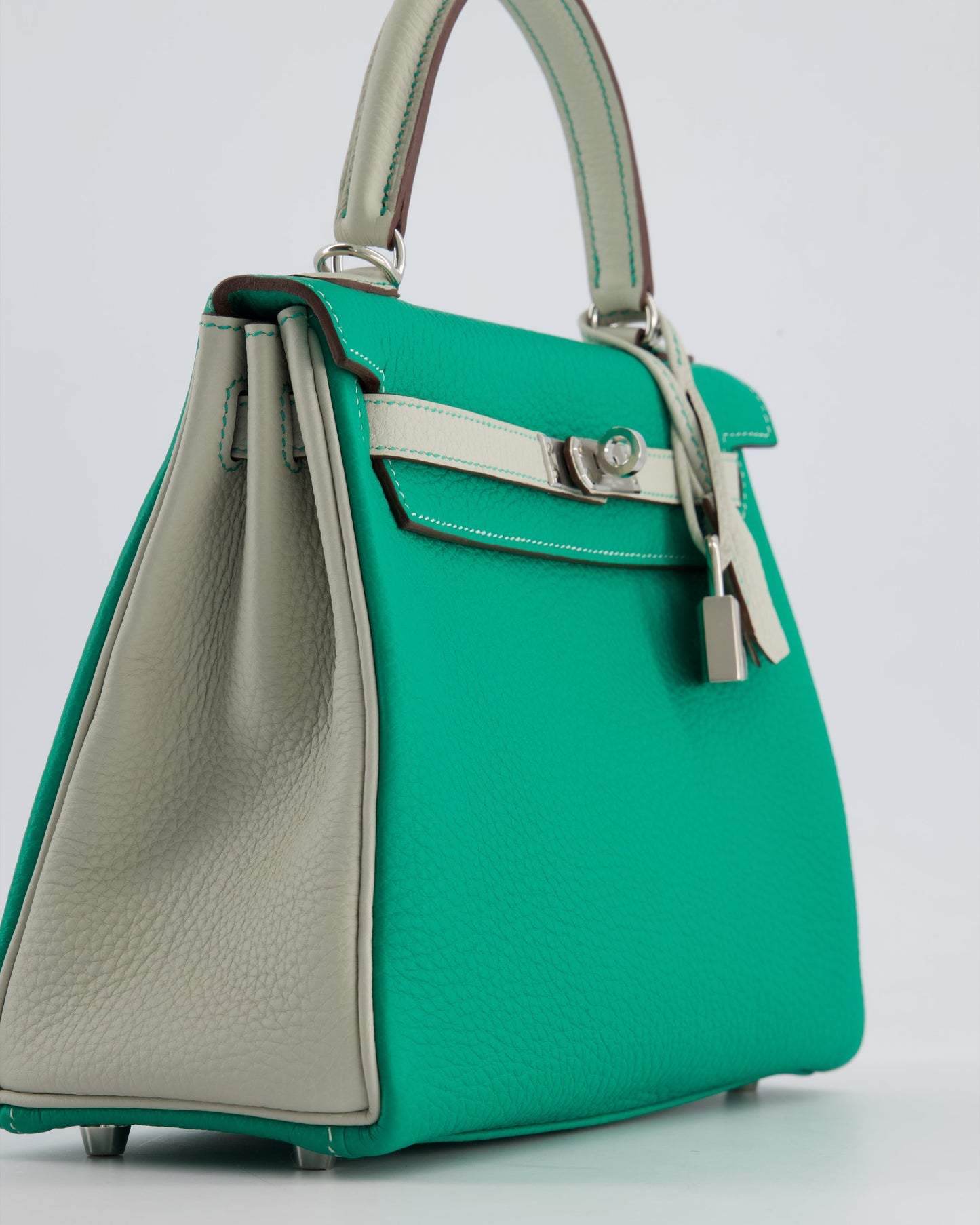 *SUPER RARE* Hermes HSS Kelly 25 Retourne Bag in Vert Vertigo & Gris Perle Togo Leather with Palladium Hardware & Contrast Stitching