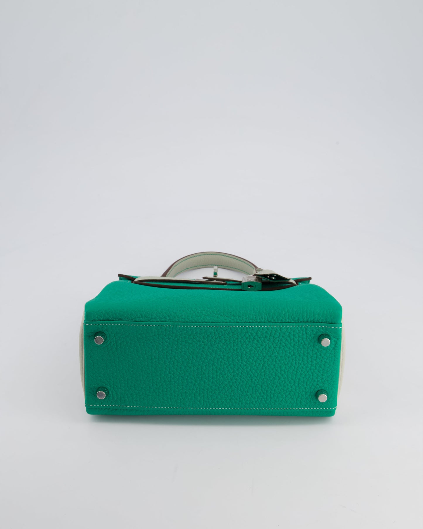 *SUPER RARE* Hermes HSS Kelly 25 Retourne Bag in Vert Vertigo & Gris Perle Togo Leather with Palladium Hardware & Contrast Stitching