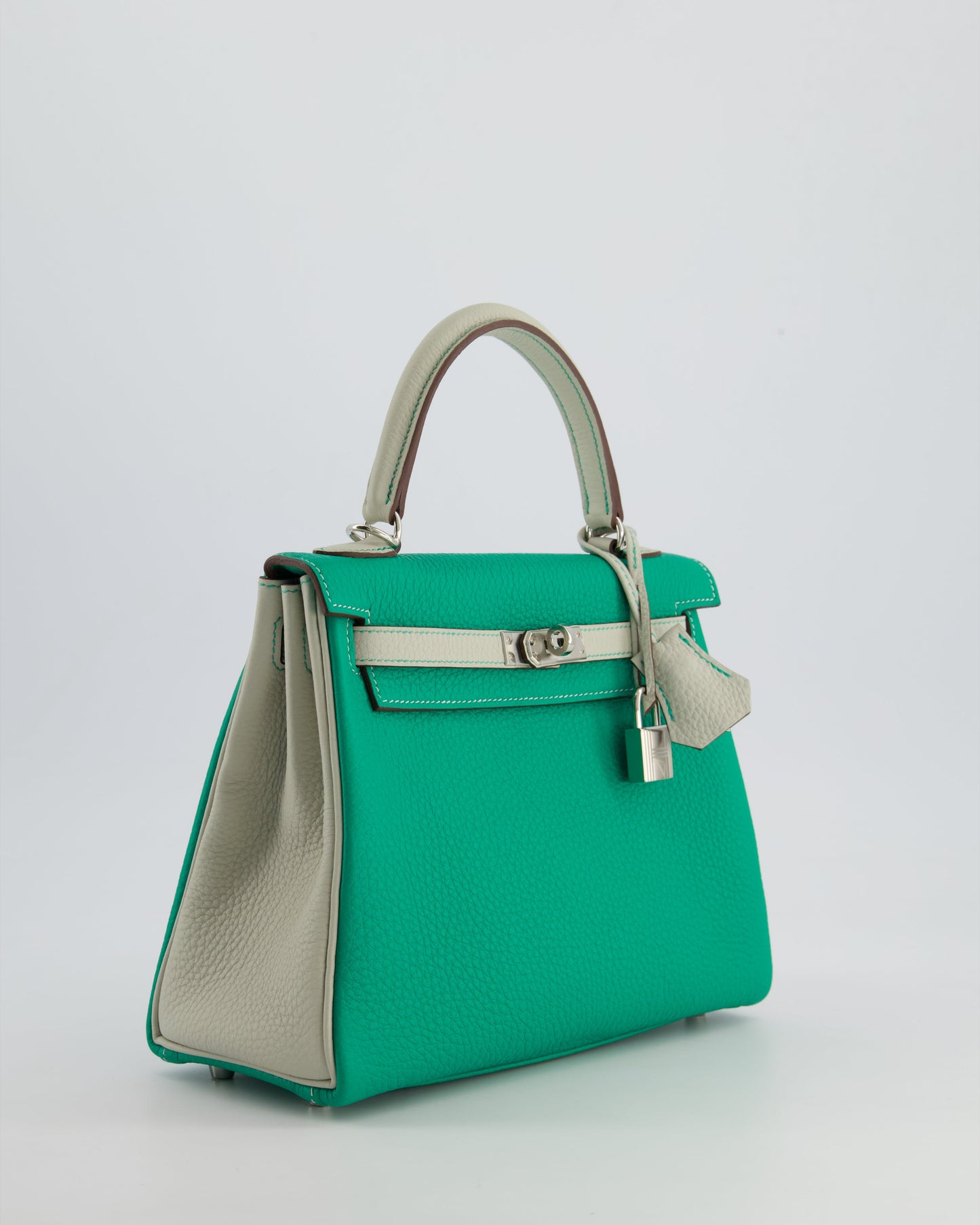 *SUPER RARE* Hermes HSS Kelly 25 Retourne Bag in Vert Vertigo & Gris Perle Togo Leather with Palladium Hardware & Contrast Stitching