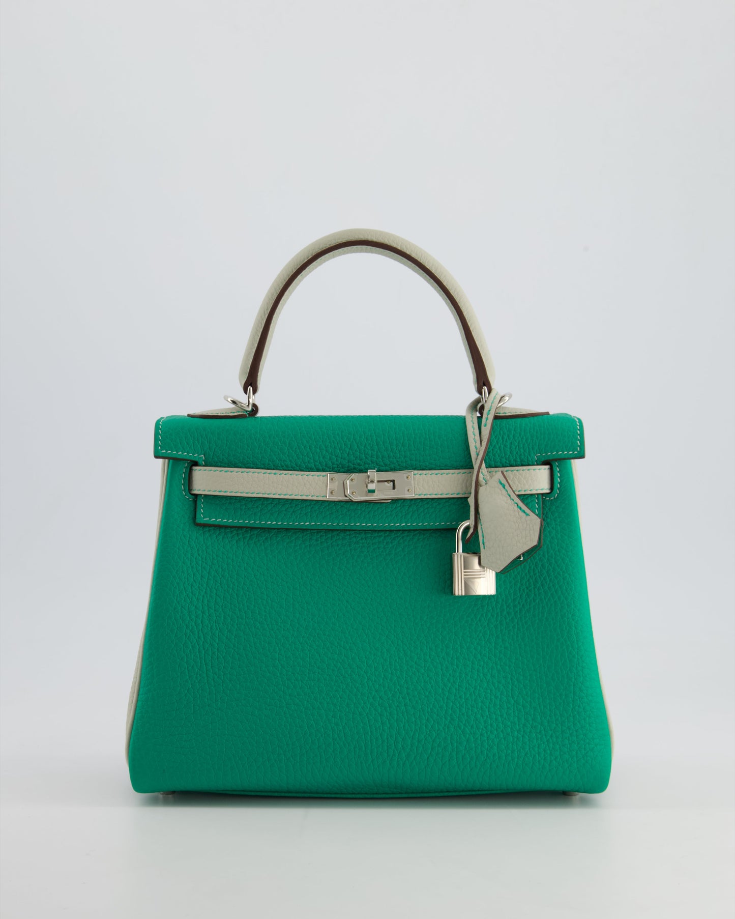 *SUPER RARE* Hermes HSS Kelly 25 Retourne Bag in Vert Vertigo & Gris Perle Togo Leather with Palladium Hardware & Contrast Stitching