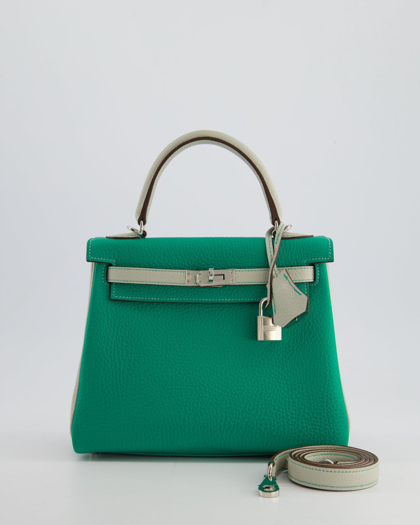 *SUPER RARE* Hermes HSS Kelly 25 Retourne Bag in Vert Vertigo & Gris Perle Togo Leather with Palladium Hardware & Contrast Stitching