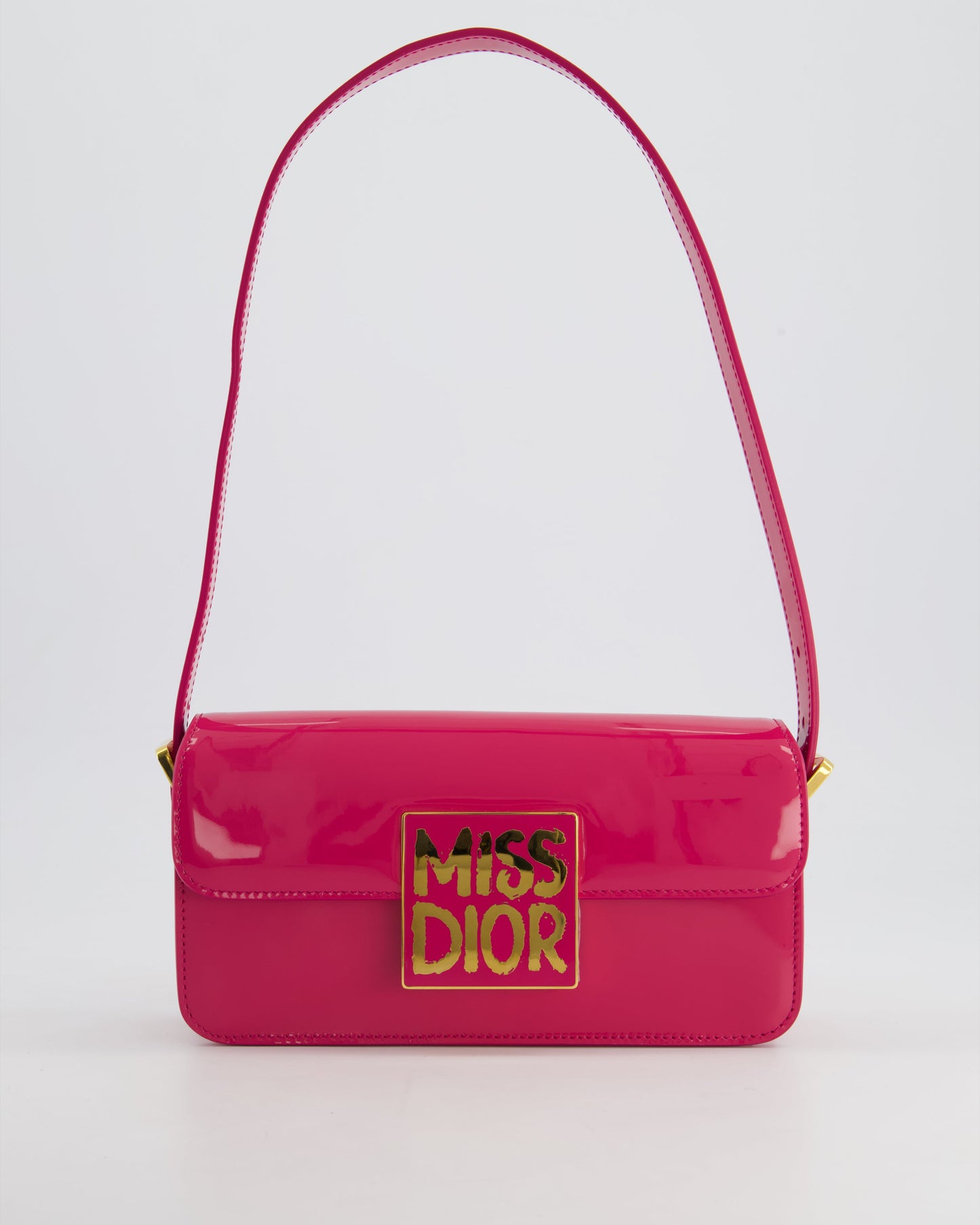 Christian Dior Fuchsia Miss Dior Flap Shoulder Bag in Patent Calfskin Leather with Gold Hardware
