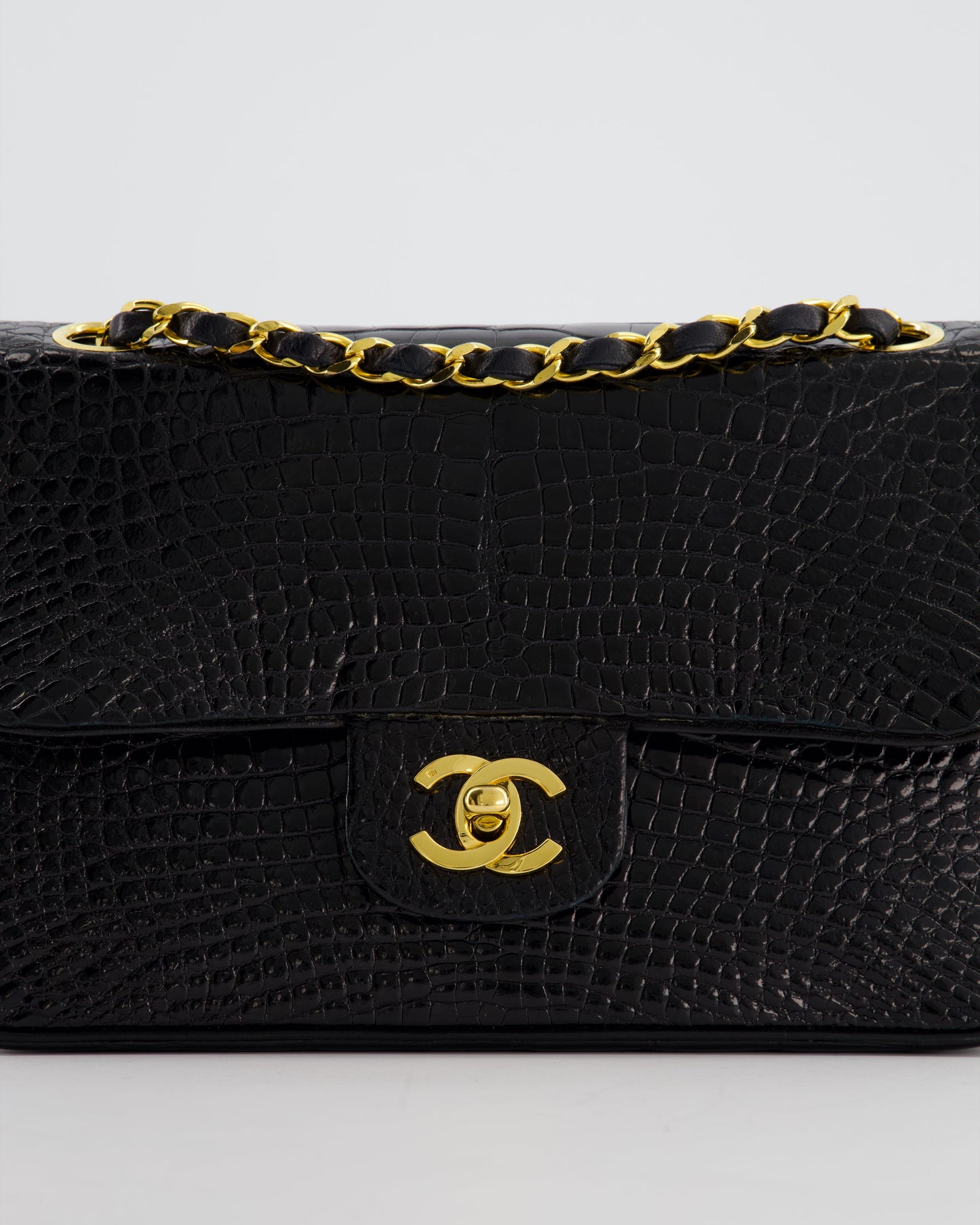 *RARE* Chanel Black Vintage Classic Flap Bag in Shiny Crocodile Leather with 24K Gold Hardware