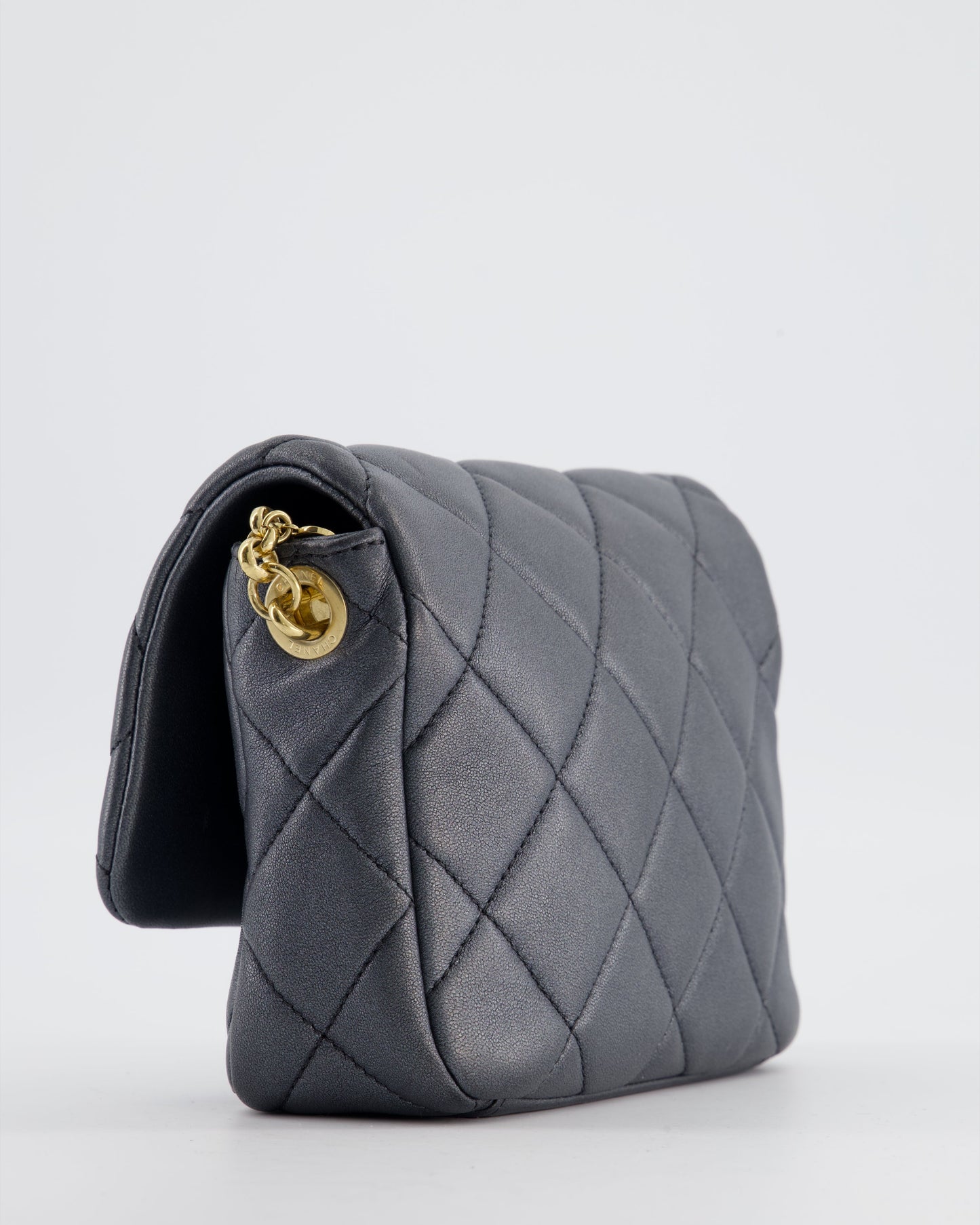 Chanel Dark Metallic Silver Small Flap Bag in Lambskin Leather with Gold Hardware and Chanel Charm Chain