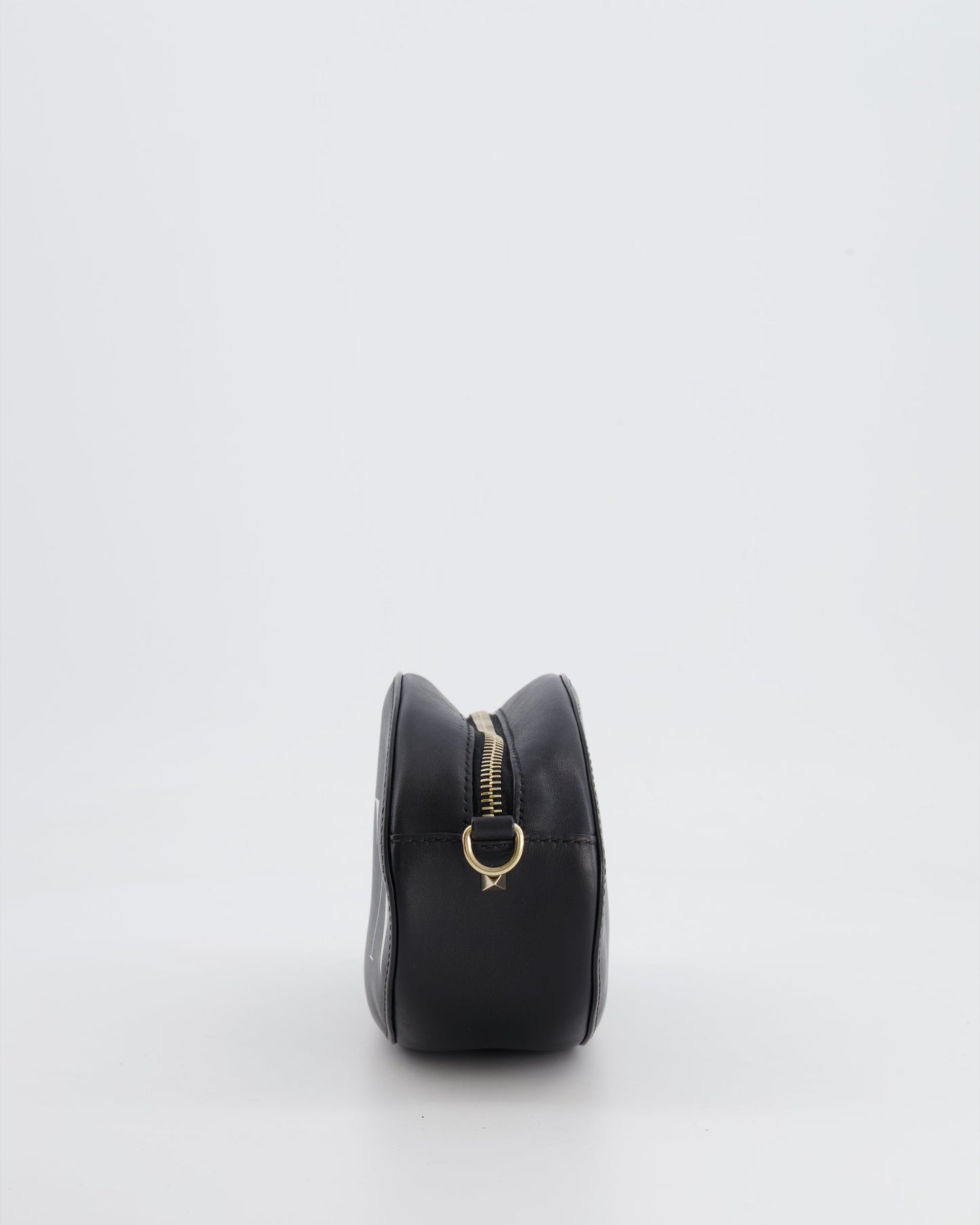 Valentino Black Leather Small Round Bag with White VLTN Print Detail and Champagne Gold Rockstud Strap
