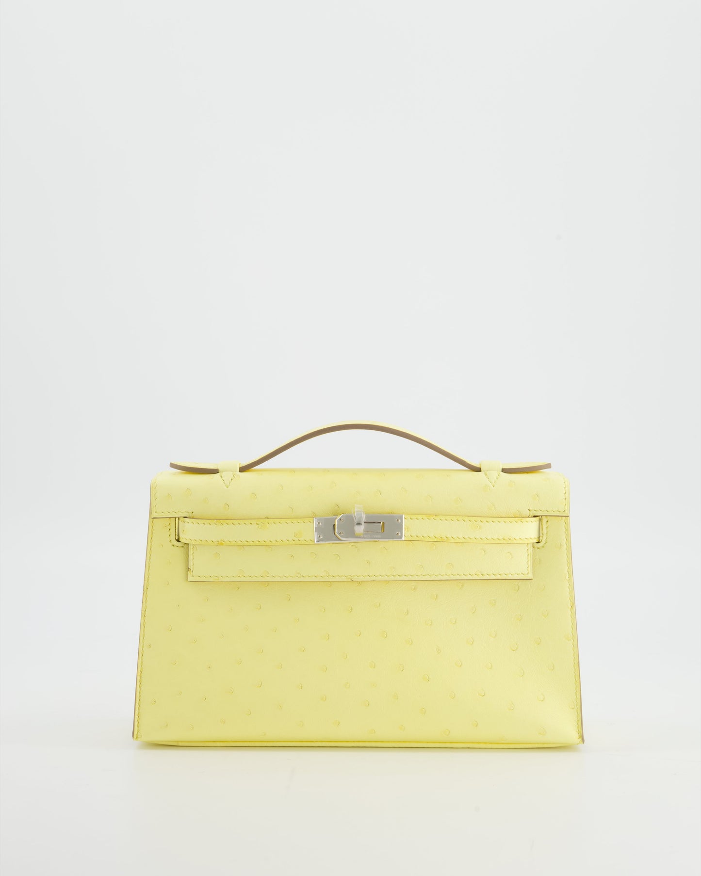 Hermes Kelly Pochette Bag in Limoncello Ostrich Leather with Palladium Hardware