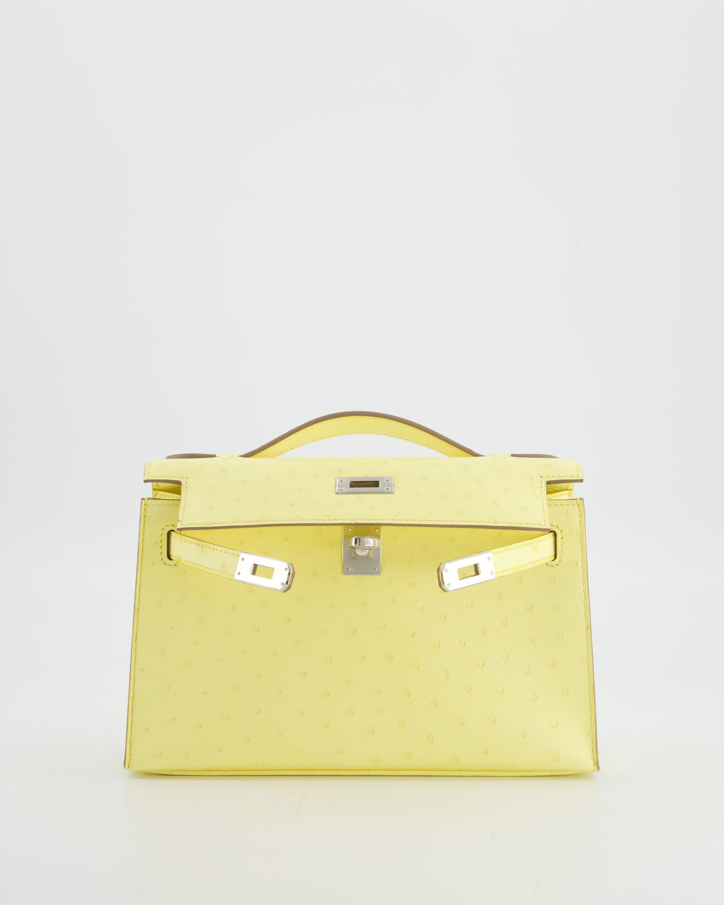 Hermes Kelly Pochette Bag in Limoncello Ostrich Leather with Palladium Hardware