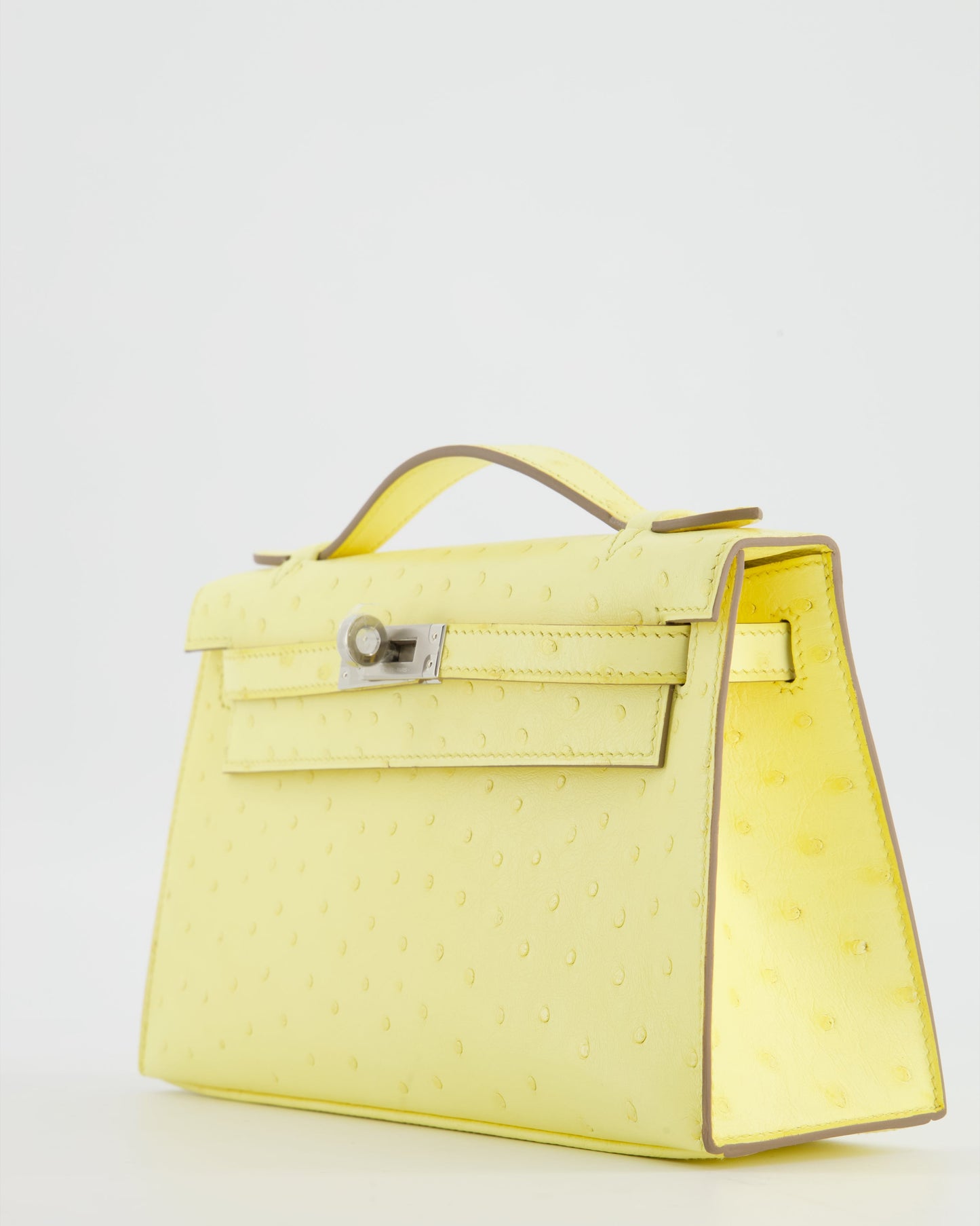 Hermes Kelly Pochette Bag in Limoncello Ostrich Leather with Palladium Hardware