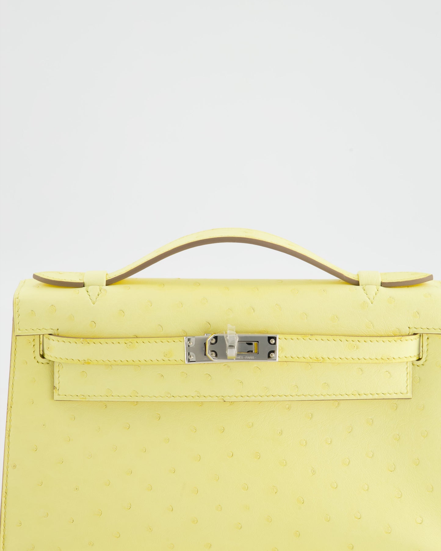 Hermes Kelly Pochette Bag in Limoncello Ostrich Leather with Palladium Hardware