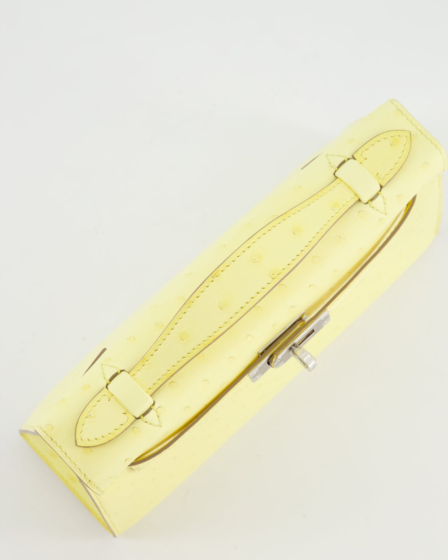 Hermes Kelly Pochette Bag in Limoncello Ostrich Leather with Palladium Hardware