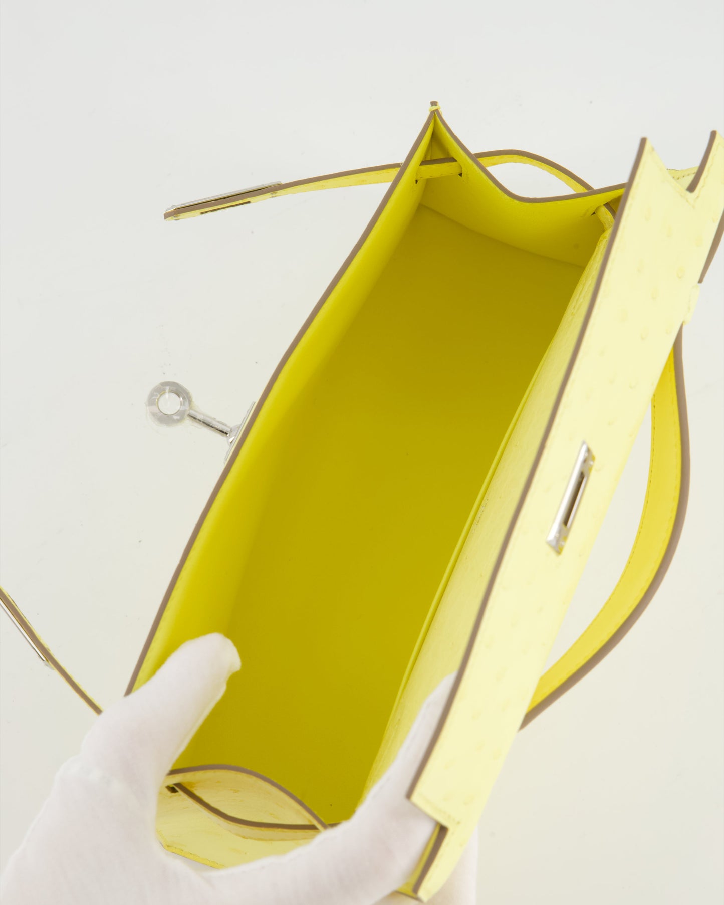 Hermes Kelly Pochette Bag in Limoncello Ostrich Leather with Palladium Hardware