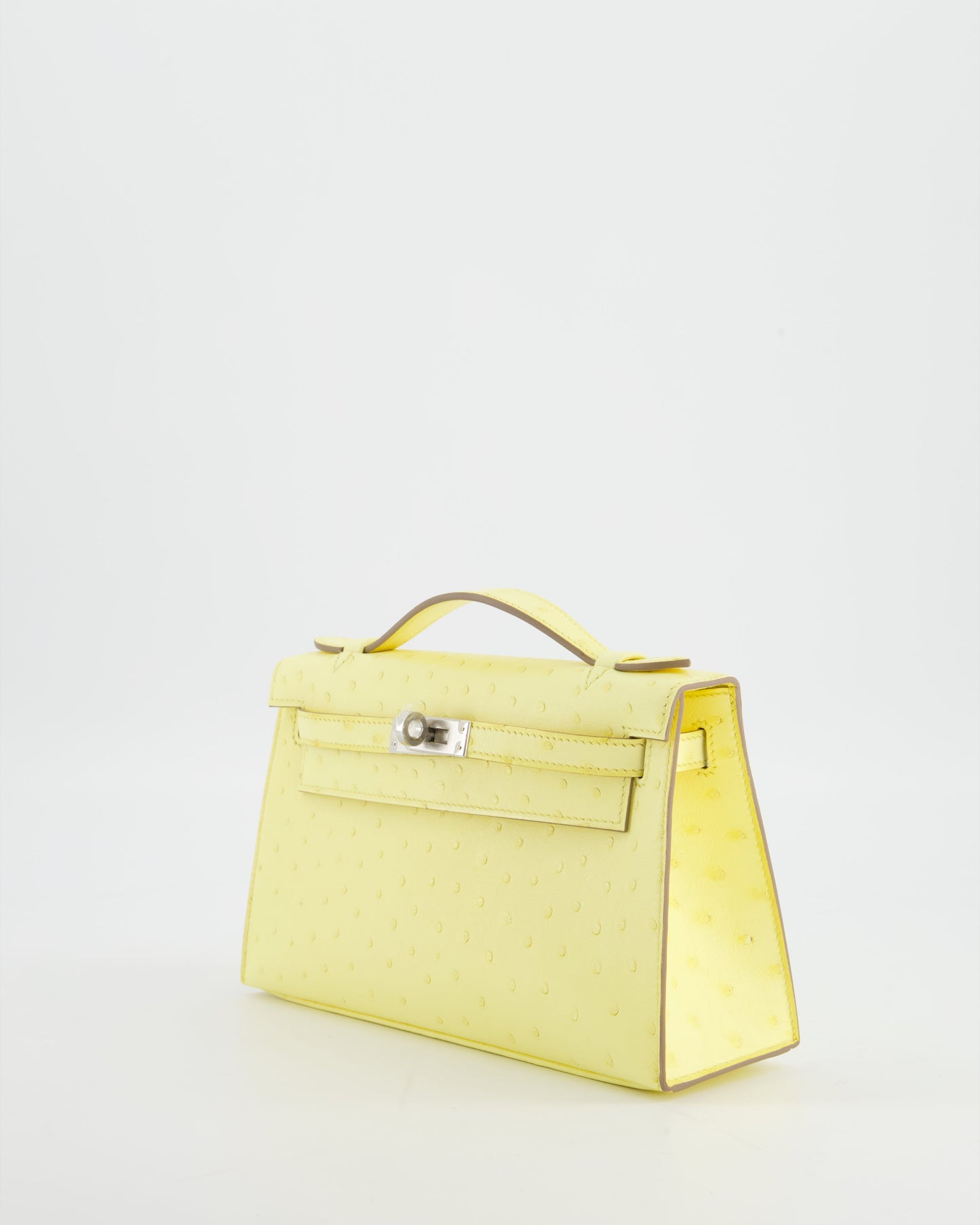 Hermes Kelly Pochette Bag in Limoncello Ostrich Leather with Palladium Hardware