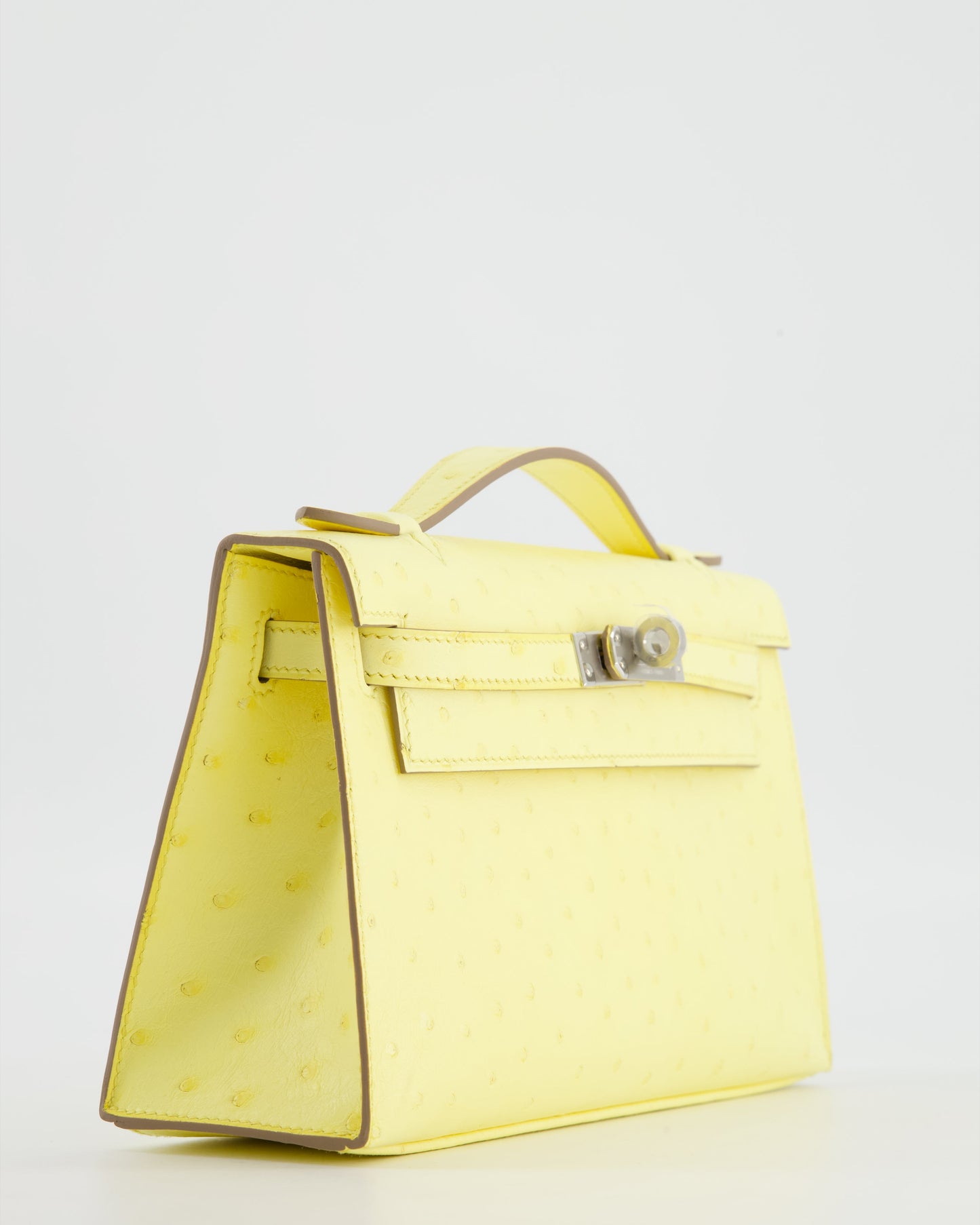 Hermes Kelly Pochette Bag in Limoncello Ostrich Leather with Palladium Hardware