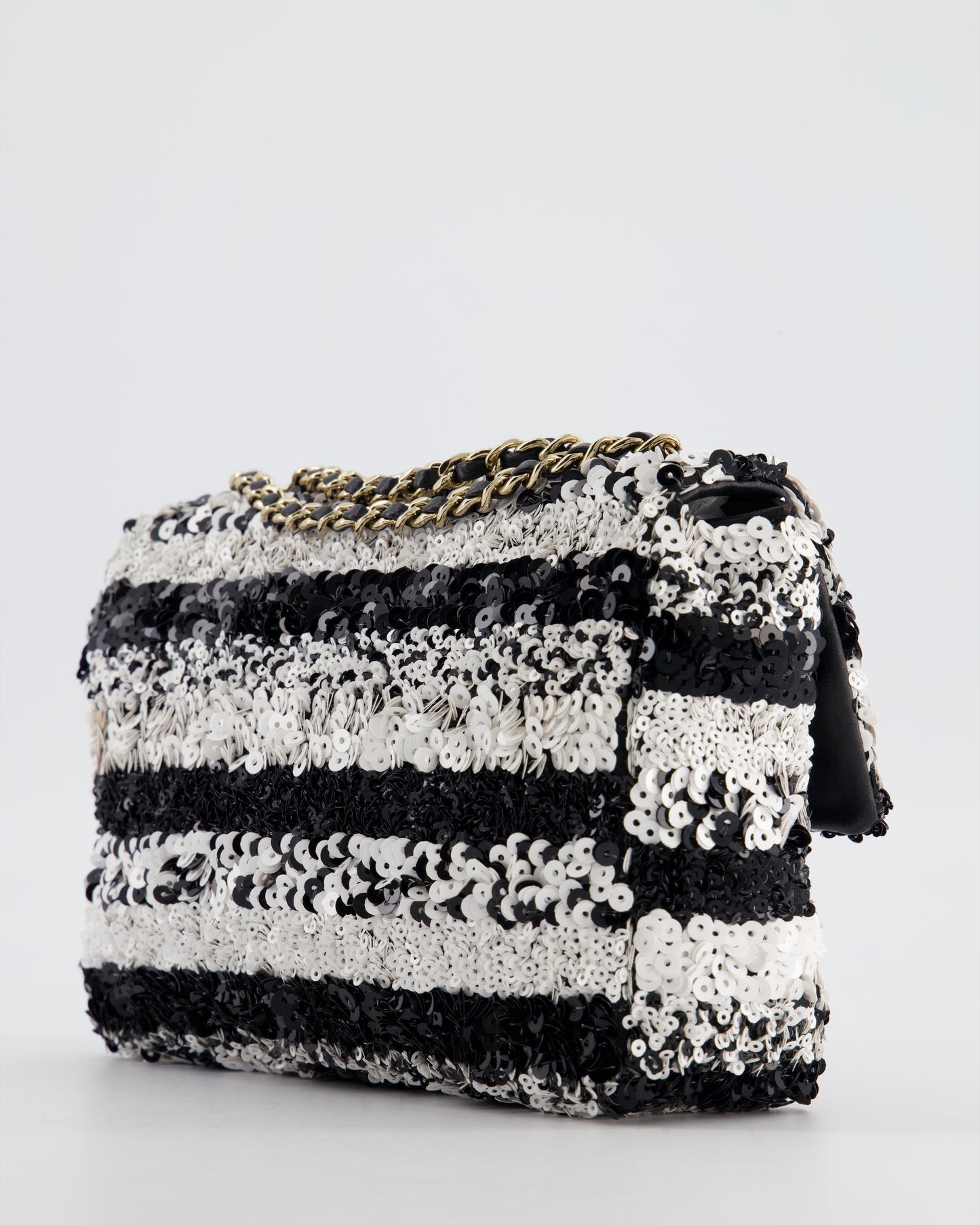 *HOT* Chanel Black and White Stripe Sequin Coco Mark Single Flap Bag with Champagne Gold Hardware
