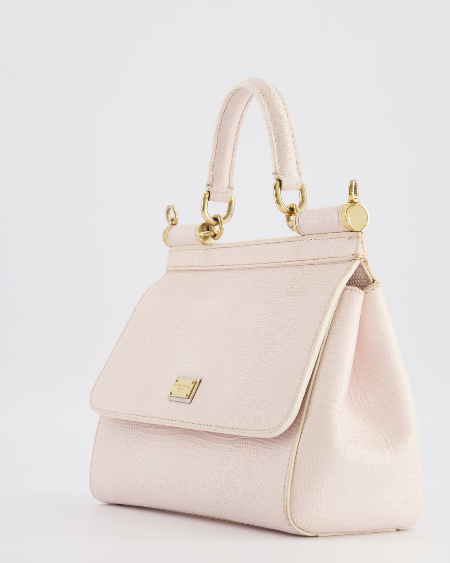 Dolce & Gabbana Light Pink Iguana Embossed Leather Small Sicily Bag with Mixed Hardware and Crystal Pearl Chain