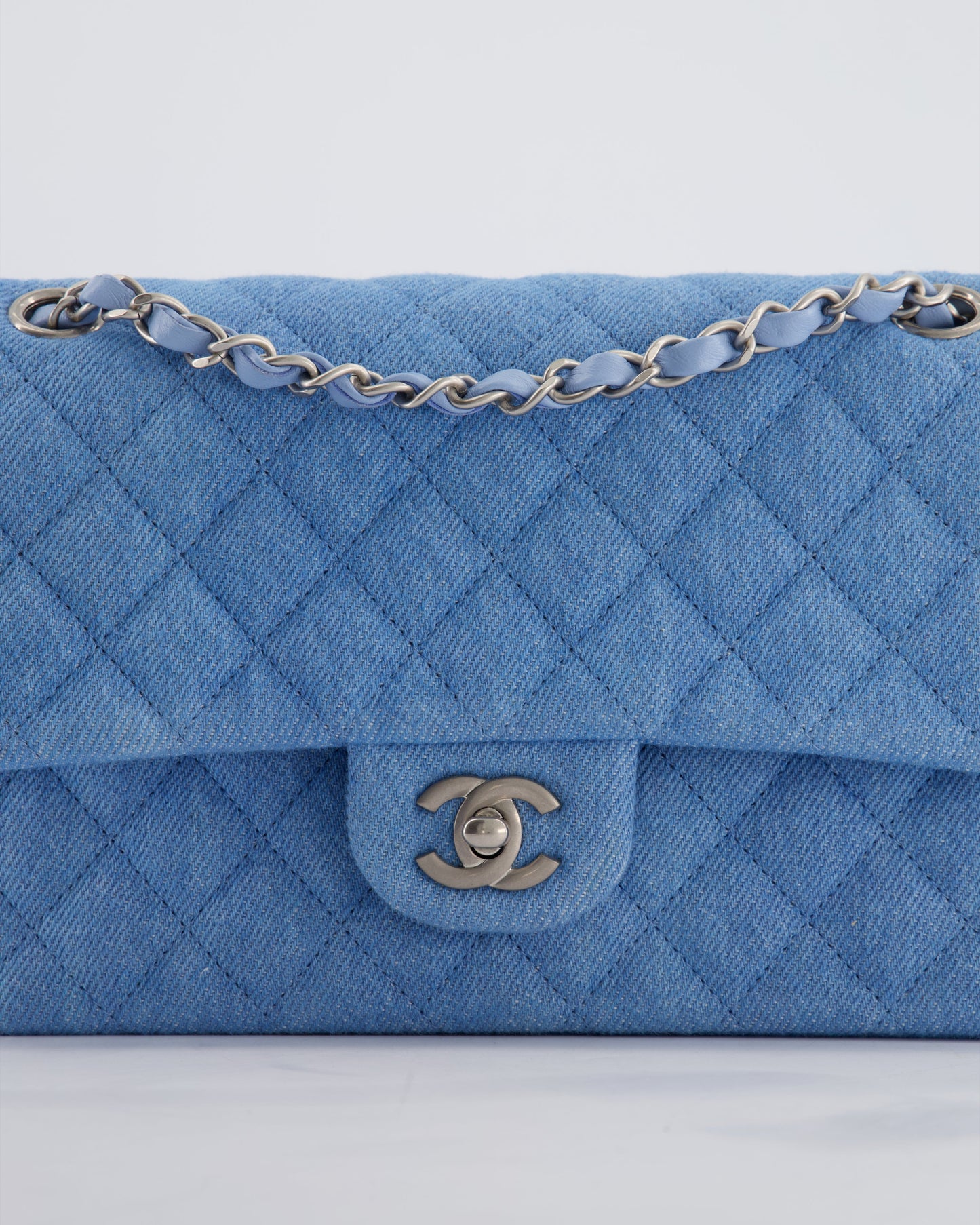 Chanel 25C Medium Double Flap Bag in Light Blue Denim with Brushed Silver Hardware