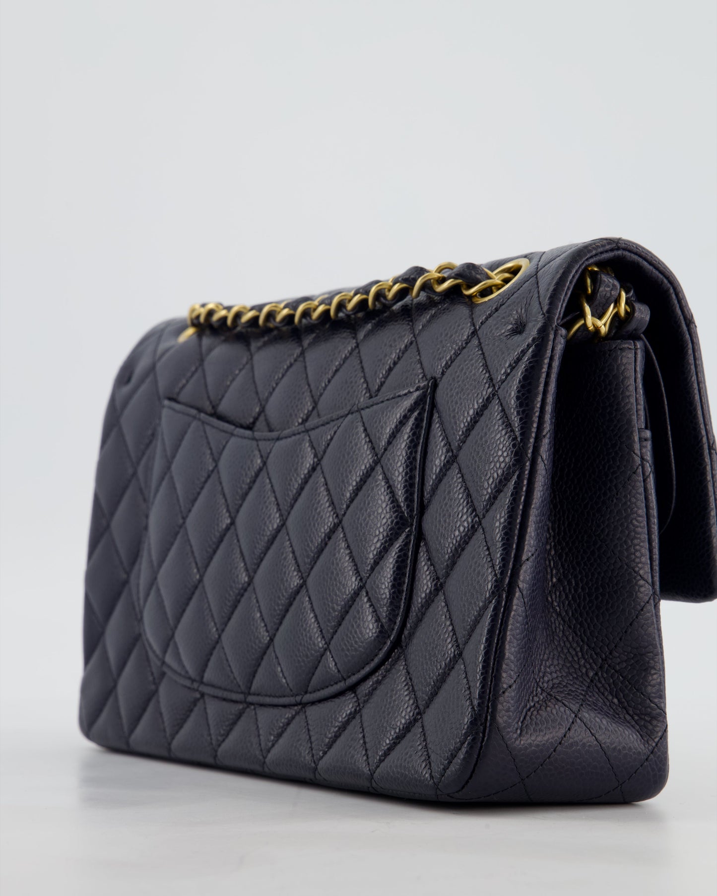 Chanel Medium Navy Classic Double Flap Bag in Caviar Leather with Aged Brushed Gold Hardware