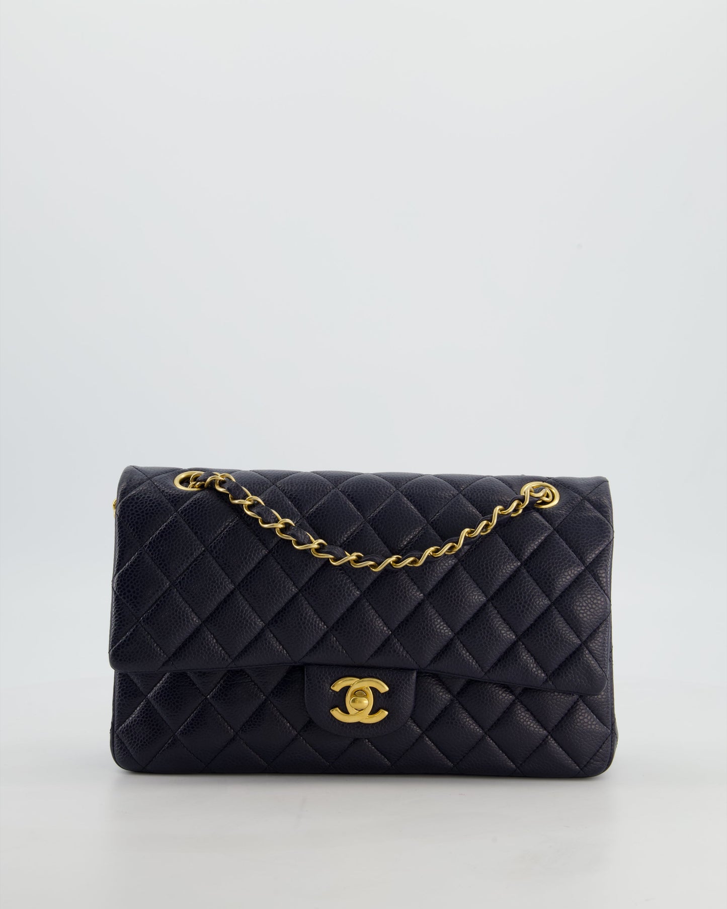 Chanel Medium Navy Classic Double Flap Bag in Caviar Leather with Aged Brushed Gold Hardware