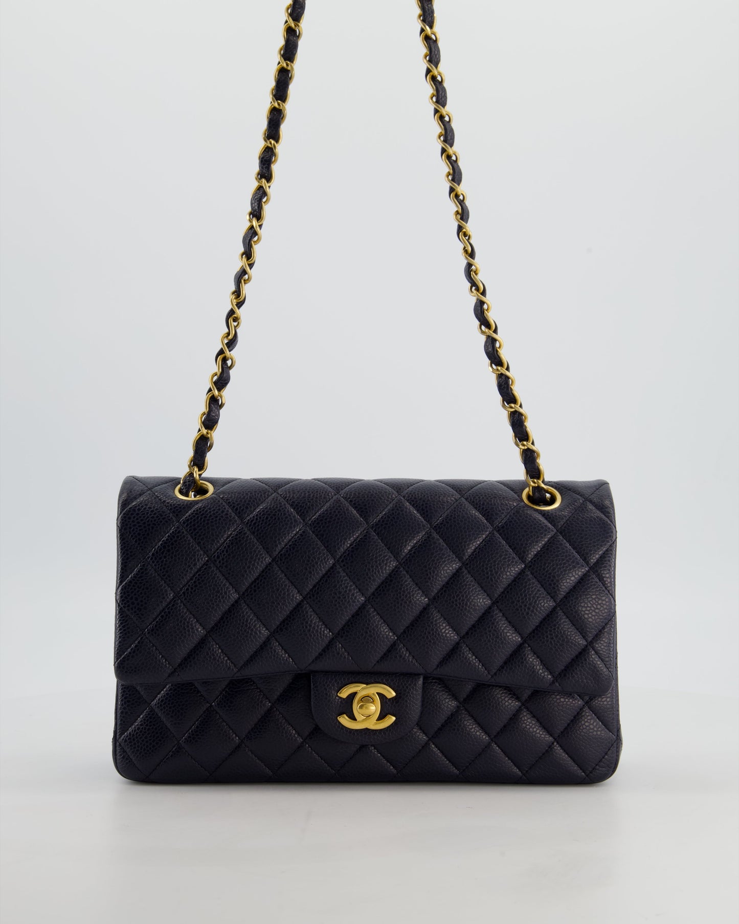 Chanel Medium Navy Classic Double Flap Bag in Caviar Leather with Aged Brushed Gold Hardware