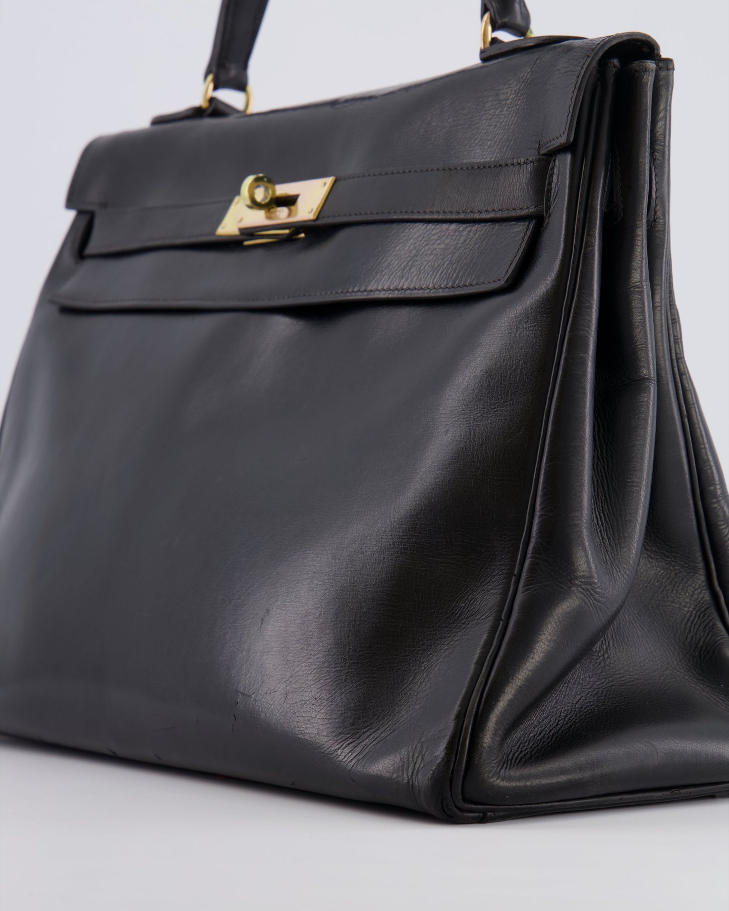Hermes Vintage Kelly 32 Retourne Bag in Black Calfskin Box Leather with Gold Hardware