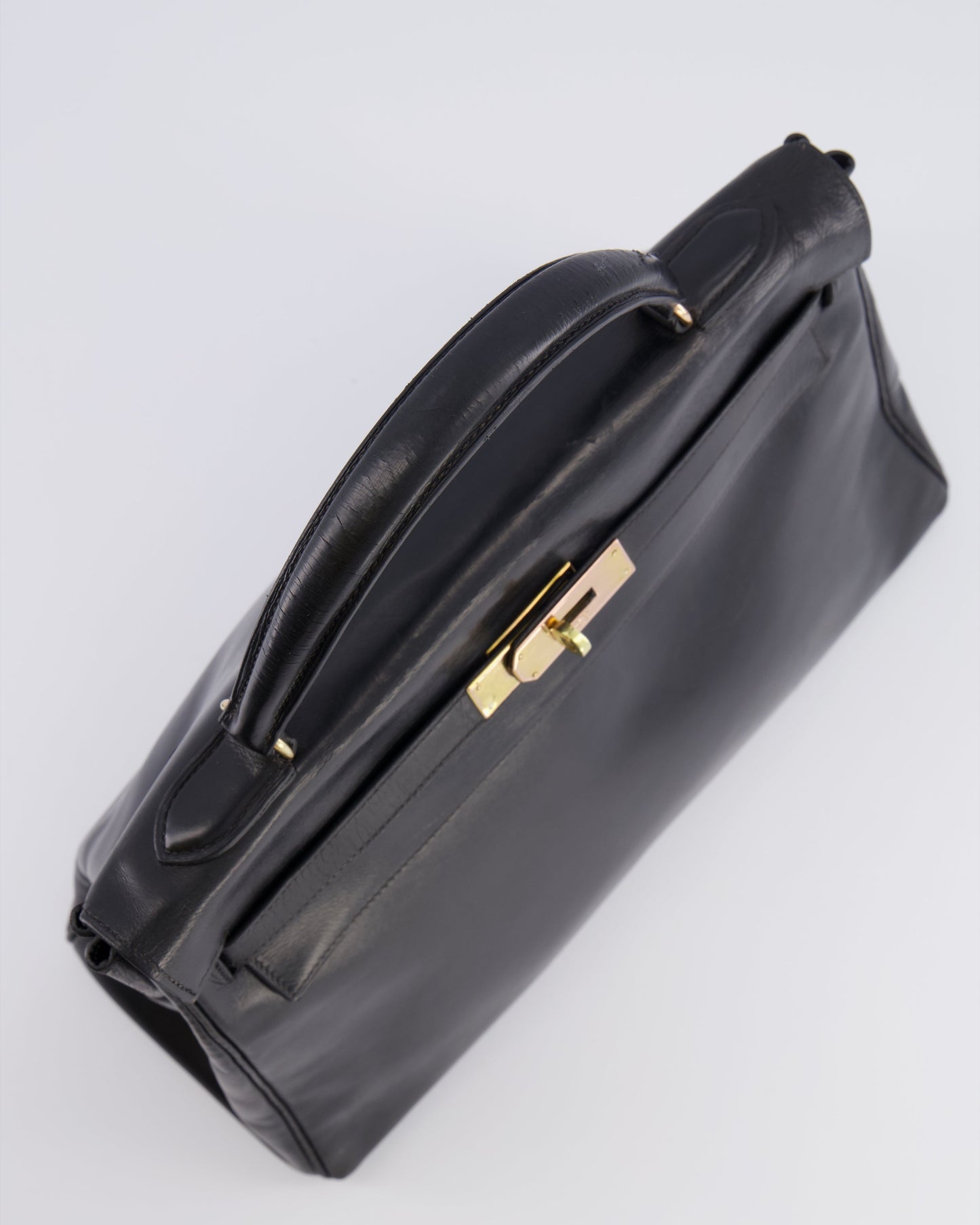 Hermes Vintage Kelly 32 Retourne Bag in Black Calfskin Box Leather with Gold Hardware