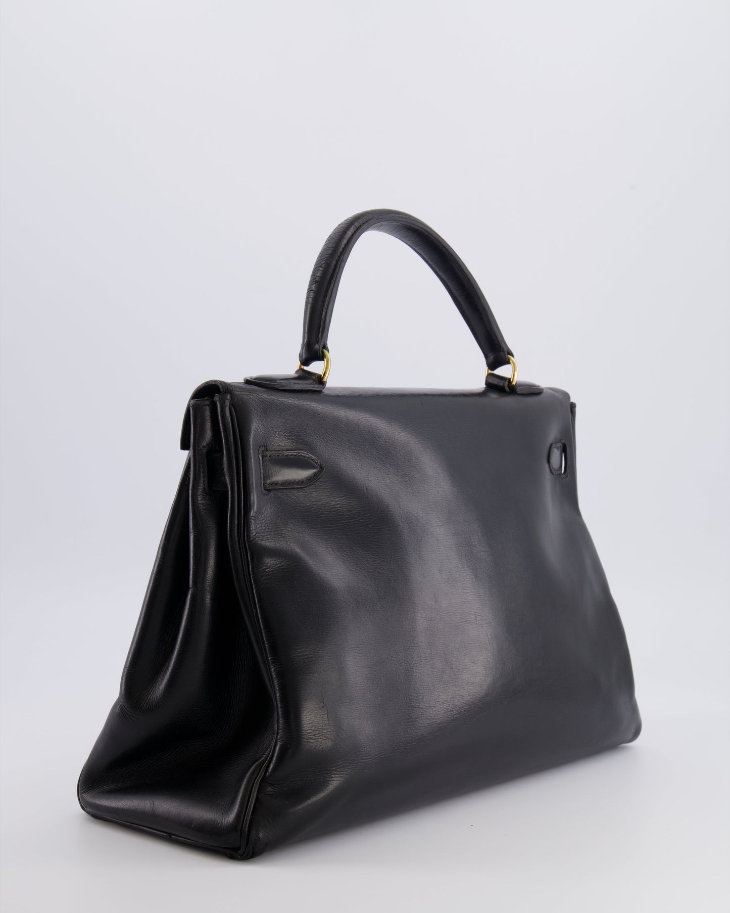Hermes Vintage Kelly 32 Retourne Bag in Black Calfskin Box Leather with Gold Hardware