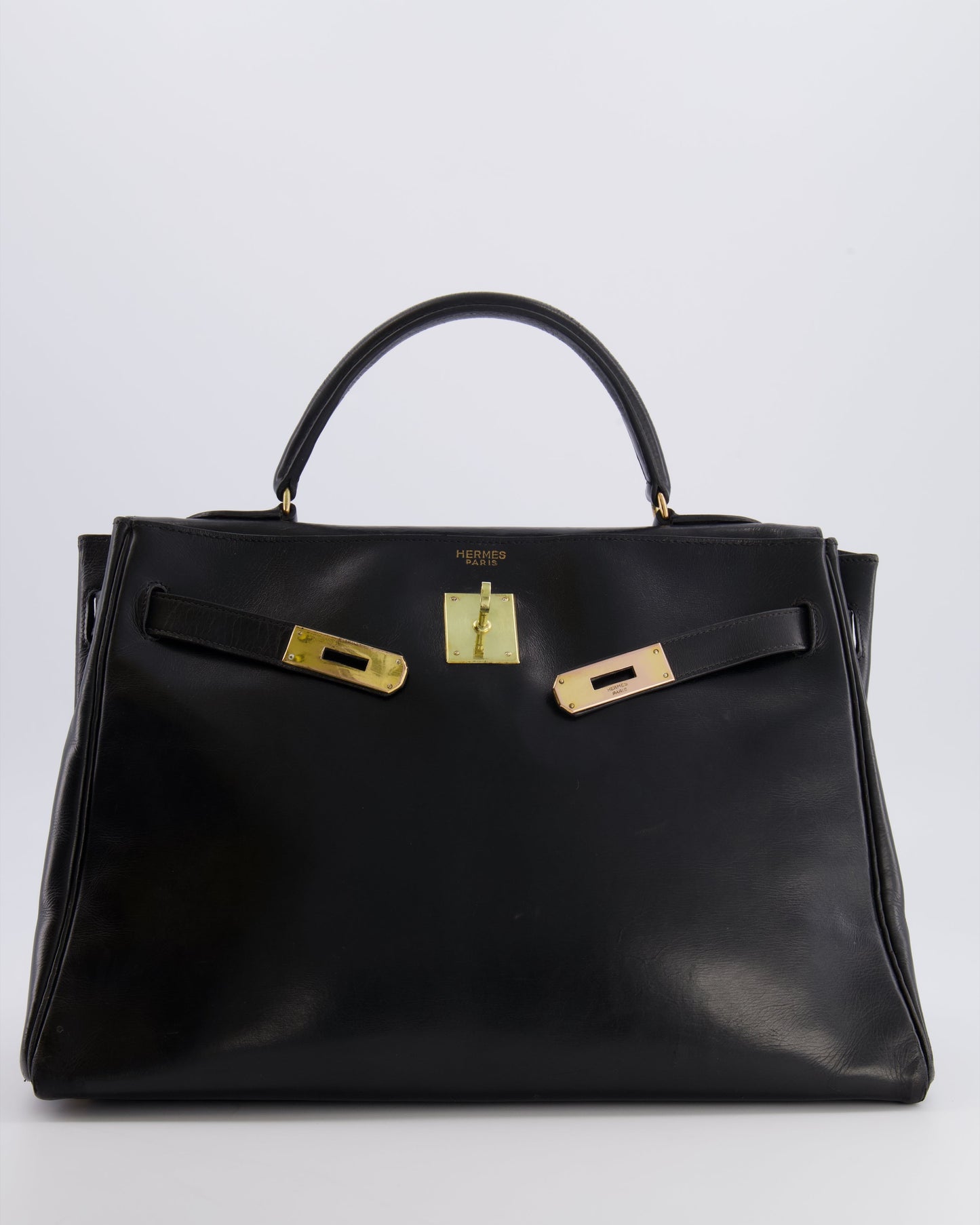 Hermes Vintage Kelly 32 Retourne Bag in Black Calfskin Box Leather with Gold Hardware