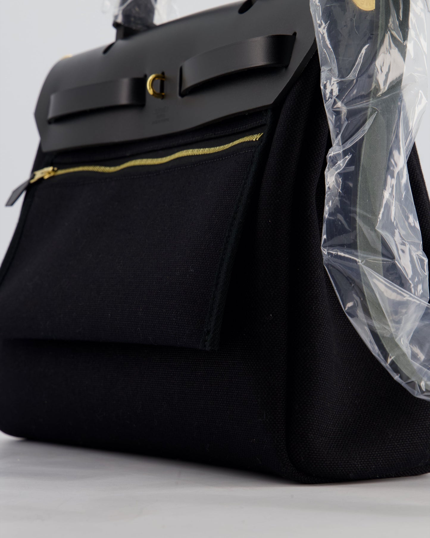 Hermes Herbag 31 Zip Bag in Noir Toile Officier Canvas, Noir Vache Hunter Leather with Gold Hardware