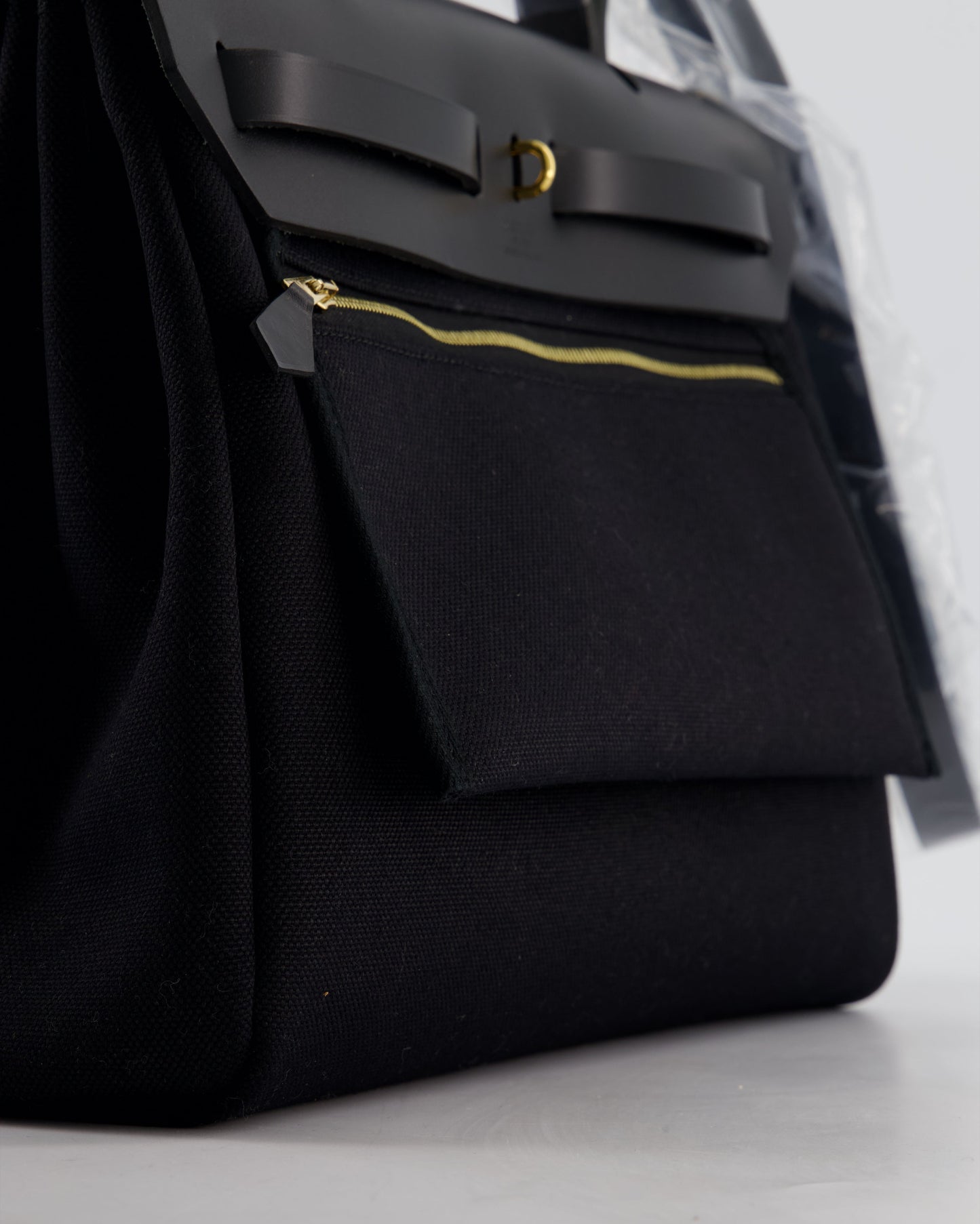 Hermes Herbag 31 Zip Bag in Noir Toile Officier Canvas, Noir Vache Hunter Leather with Gold Hardware