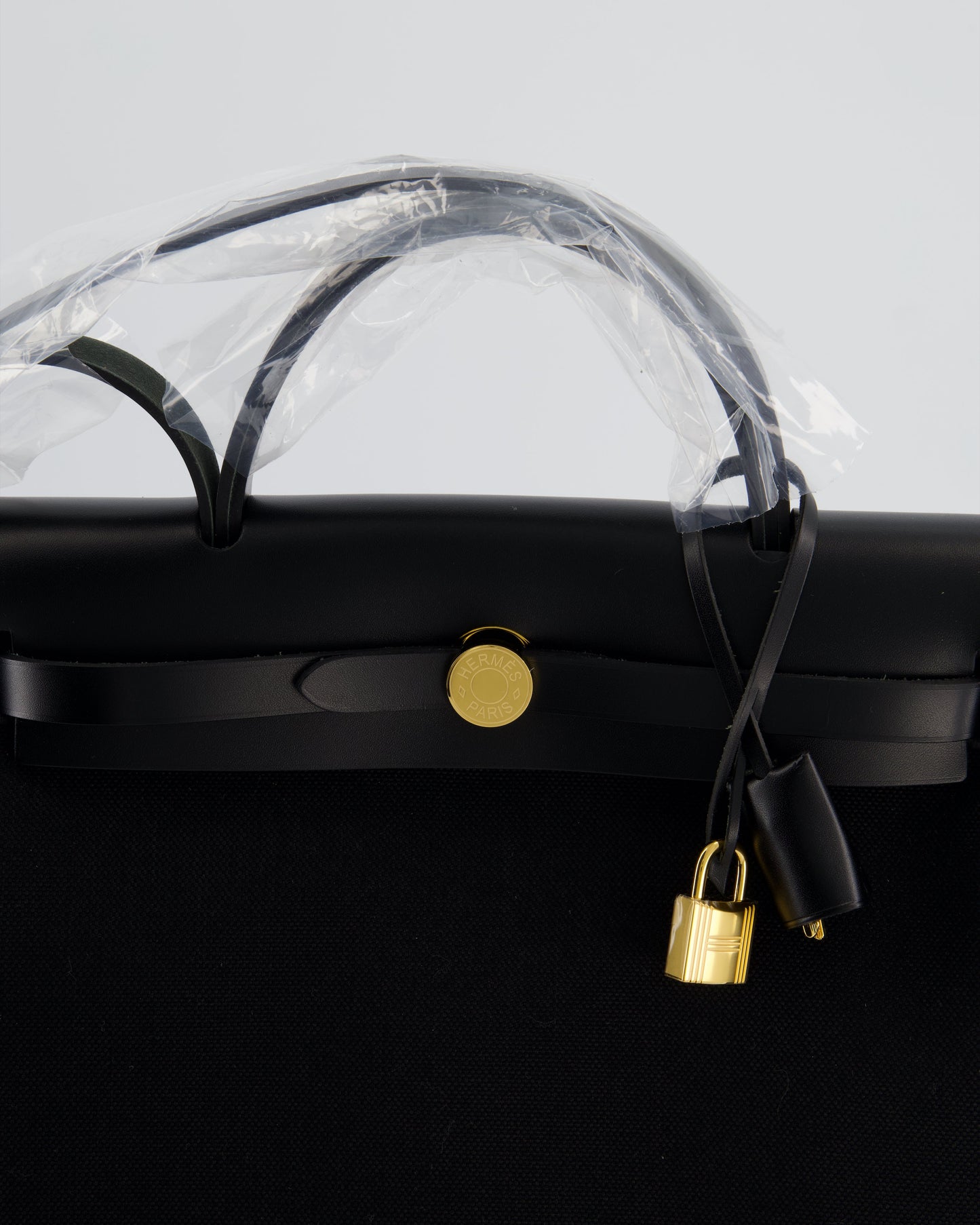 Hermes Herbag 31 Zip Bag in Noir Toile Officier Canvas, Noir Vache Hunter Leather with Gold Hardware