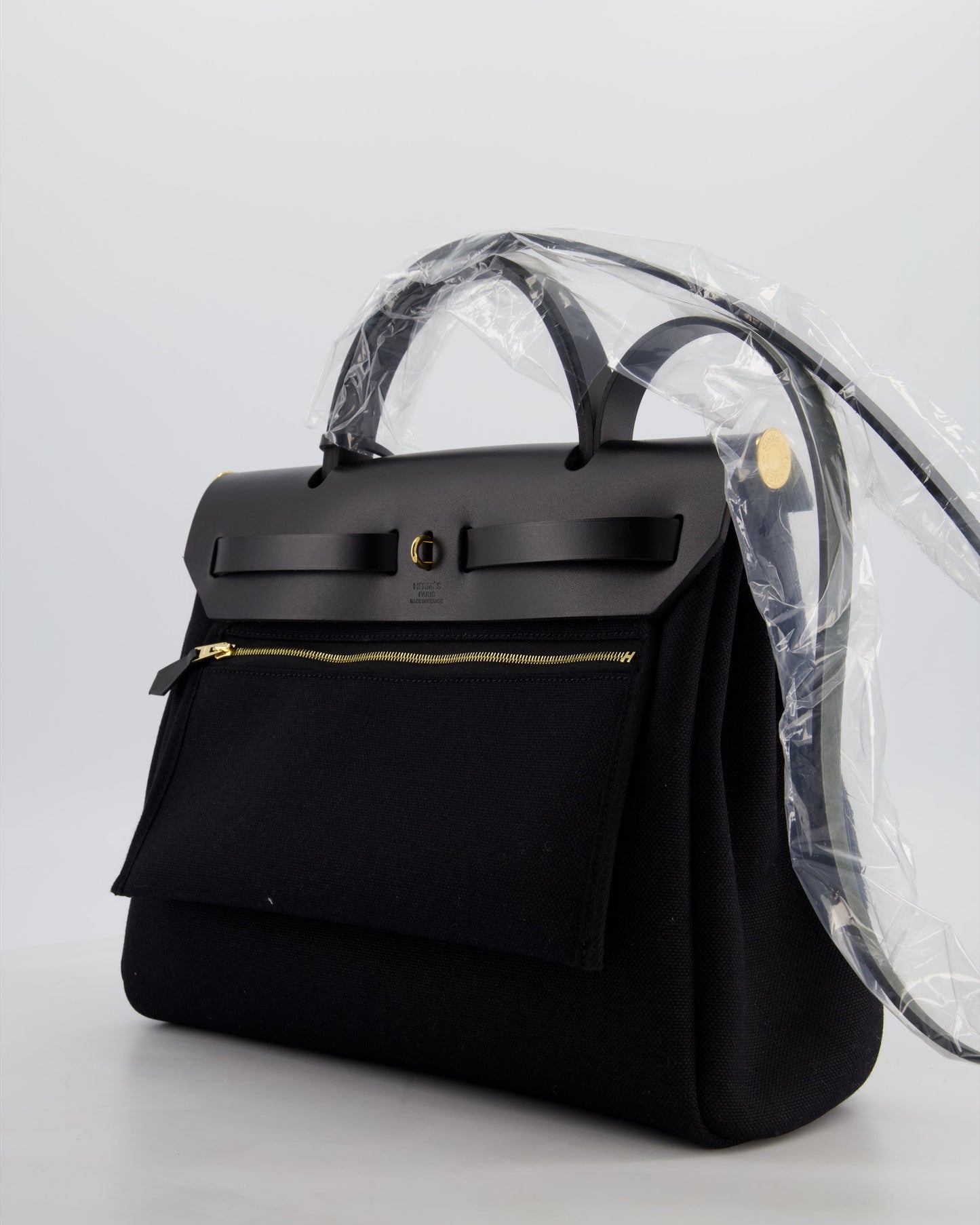 Hermes Herbag 31 Zip Bag in Noir Toile Officier Canvas, Noir Vache Hunter Leather with Gold Hardware