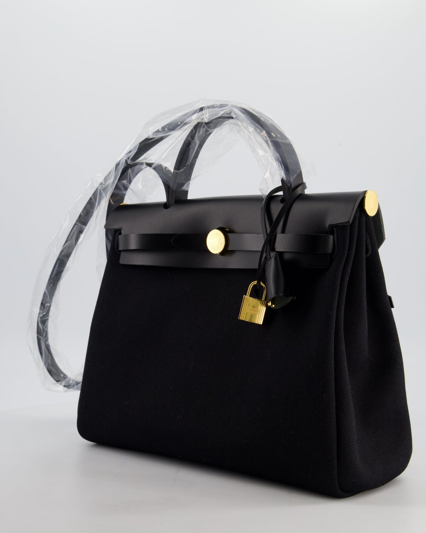 Hermes Herbag 31 Zip Bag in Noir Toile Officier Canvas, Noir Vache Hunter Leather with Gold Hardware