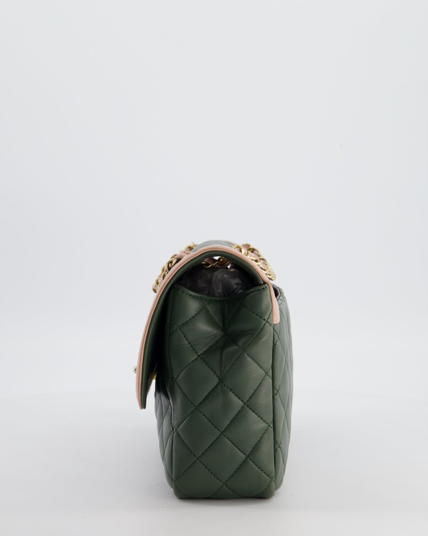 Chanel Khaki and Pink Single Flap Bag in Lambskin Leather with Gold Hardware