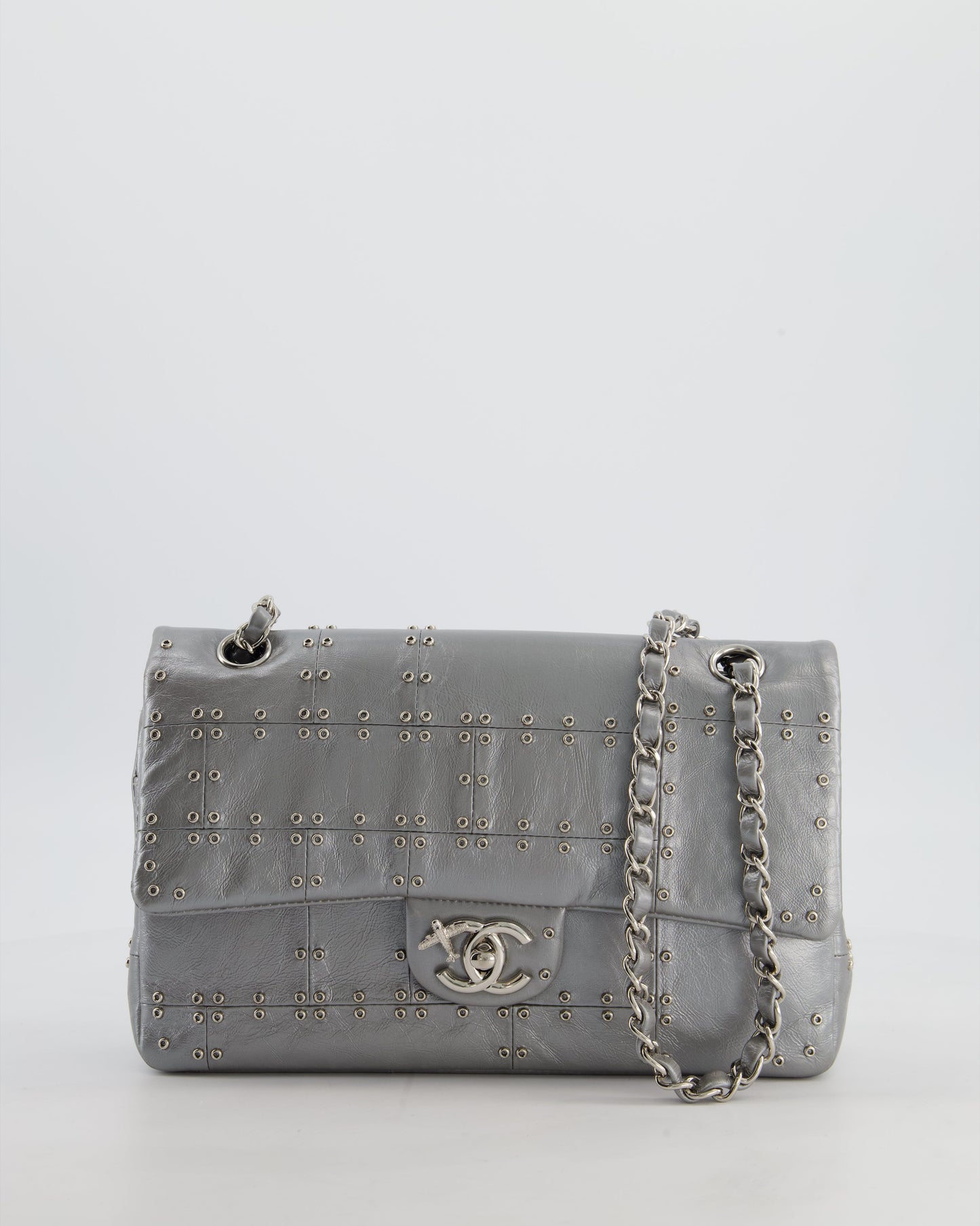 Chanel Silver Medium Airline Double Flap Bag in Glazed Calfskin with Grommet Embellishment Detail and Silver Hardware