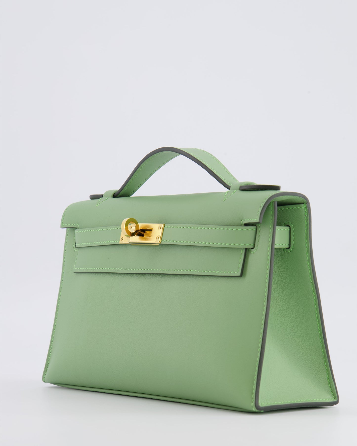 *HOT COLOUR* Hermes Mini Kelly Pochette Bag in Vert Criquet Swift Leather with Gold Hardware