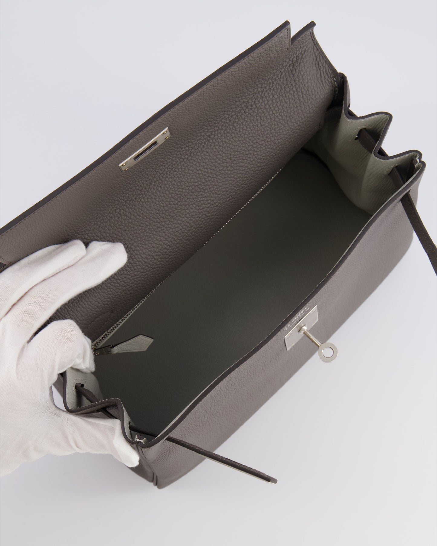 Hermes Kelly 28 Retourne HSS Bag in Gris Etain Togo Leather with Gris Perle Interior and Brushed Palladium Hardware