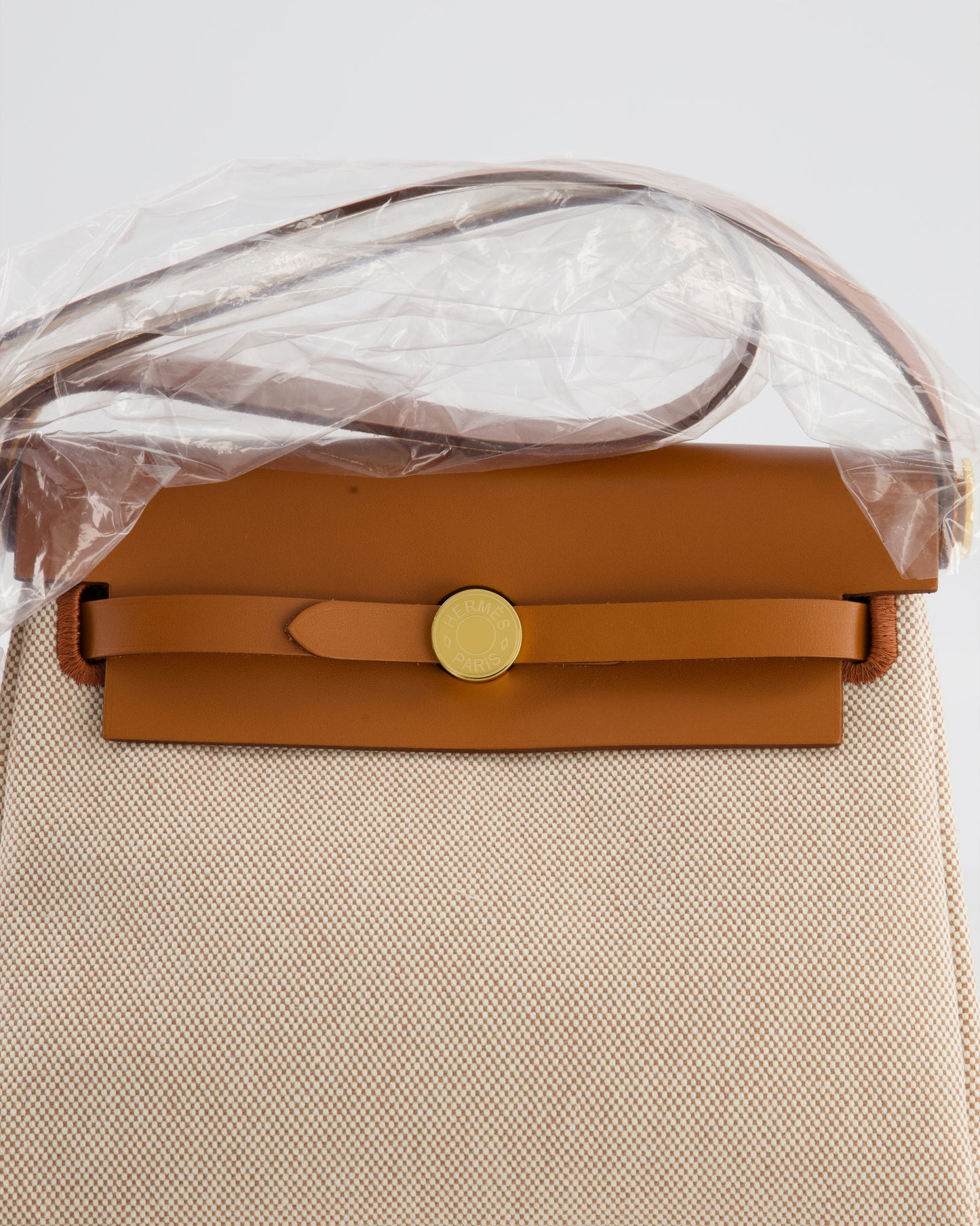 *HOT* Hermes Herbag Zip 20 Bag in Fauve Vache Hunter Leather & Ecru/Beige Viking Canvas with Gold Hardware