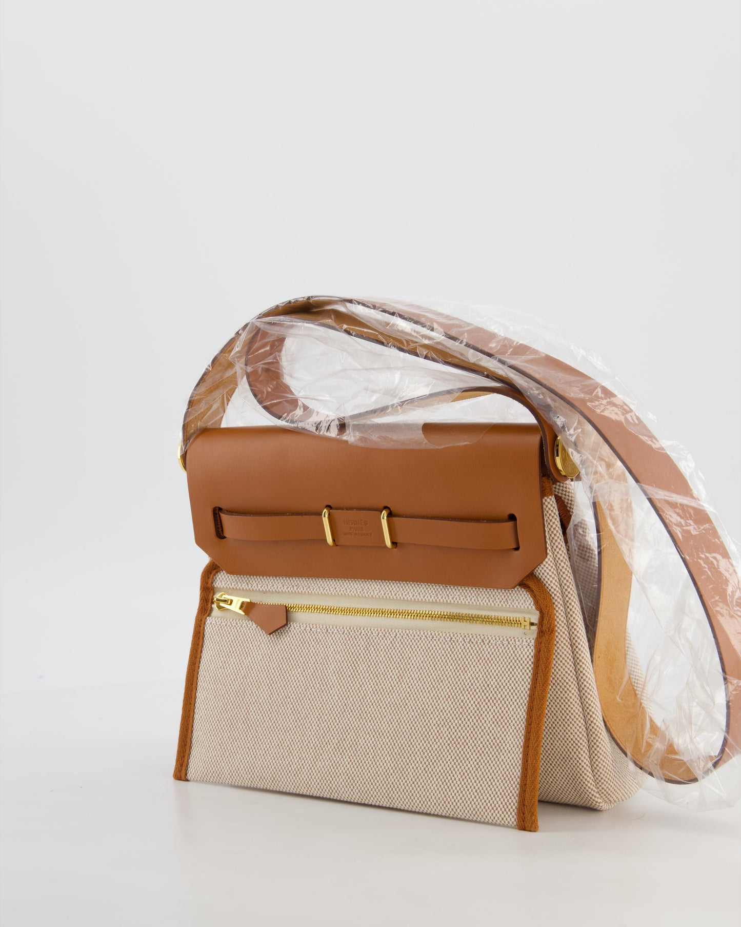 *HOT* Hermes Herbag Zip 20 Bag in Fauve Vache Hunter Leather & Ecru/Beige Viking Canvas with Gold Hardware