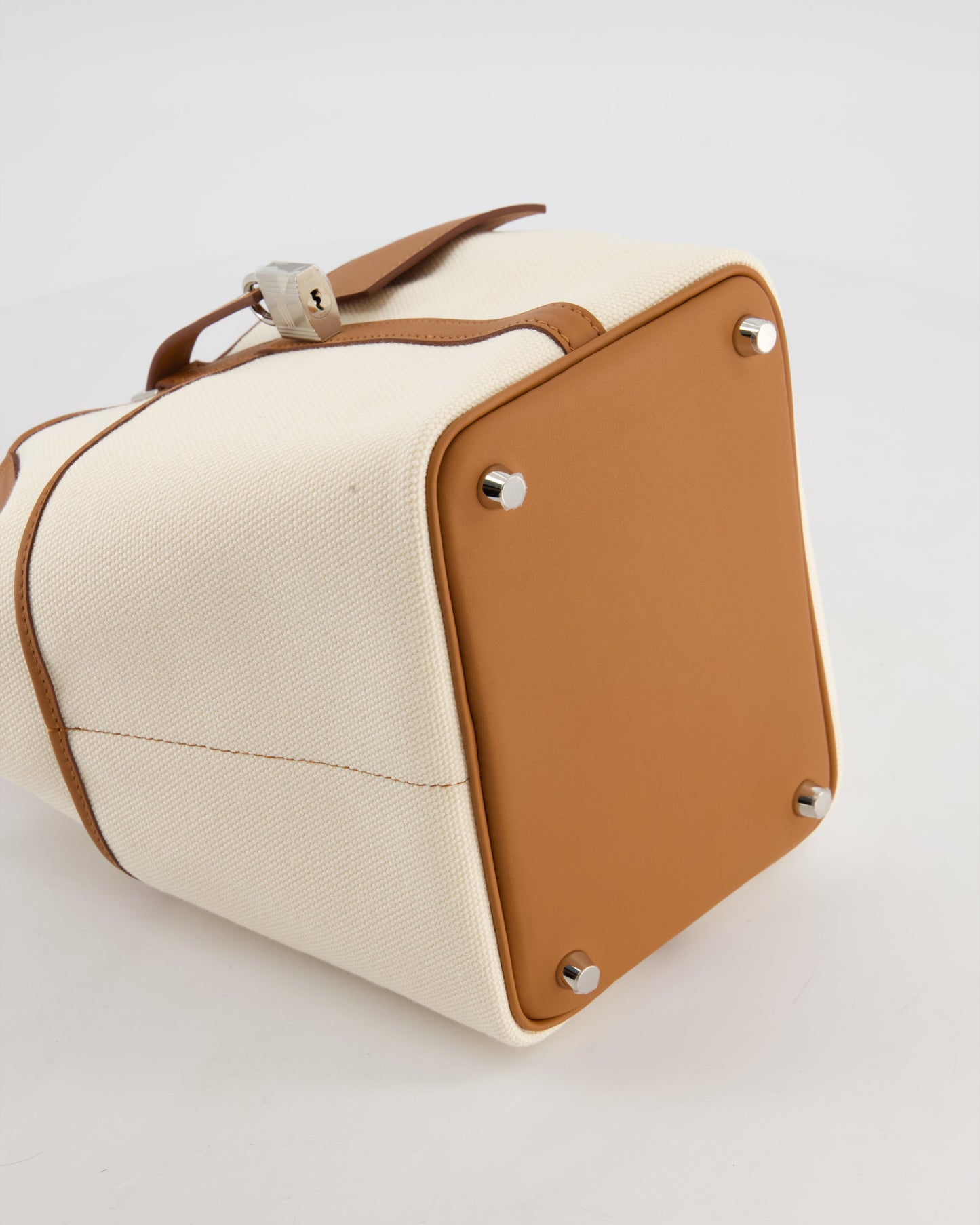 *HOT* Hermes Picotin 18 Lock Cargo Bag in Ecru Canvas & Gold Swift Leather with Palladium Hardware
