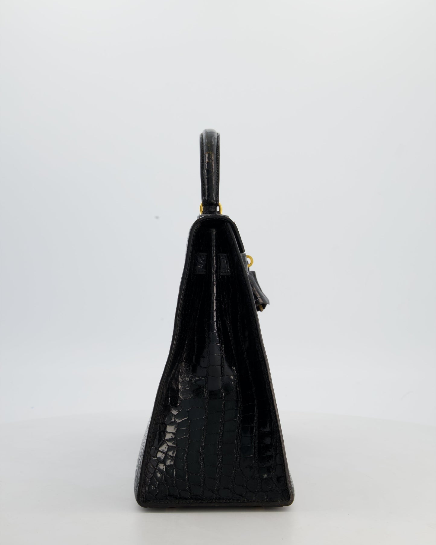 *HOT* Hermes Vintage Kelly 32 Sellier Bag in Noir Porosus Crocodile Leather with Gold Hardware