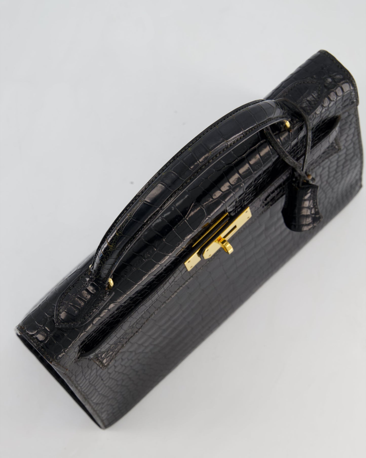 *HOT* Hermes Vintage Kelly 32 Sellier Bag in Noir Porosus Crocodile Leather with Gold Hardware