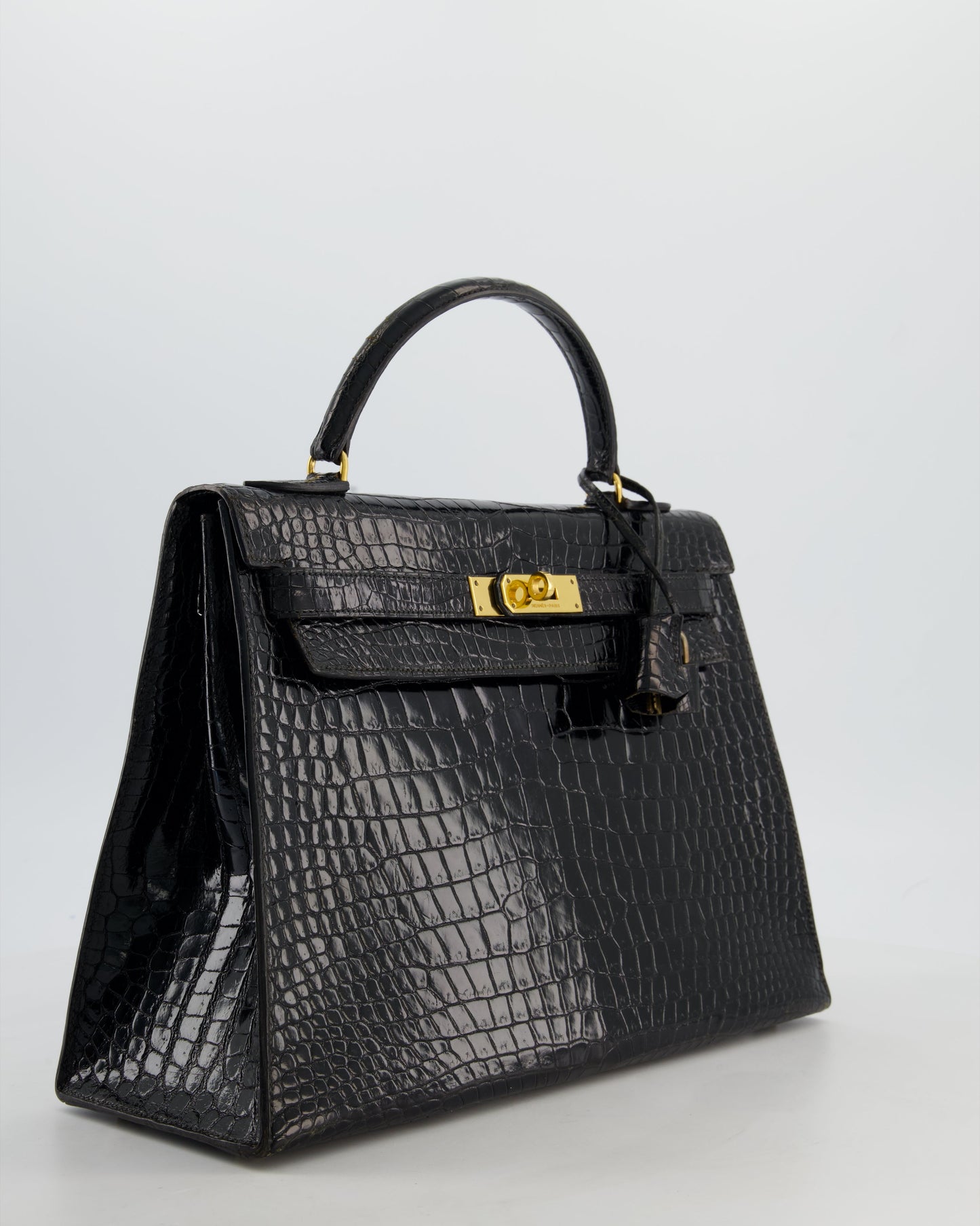 *HOT* Hermes Vintage Kelly 32 Sellier Bag in Noir Porosus Crocodile Leather with Gold Hardware