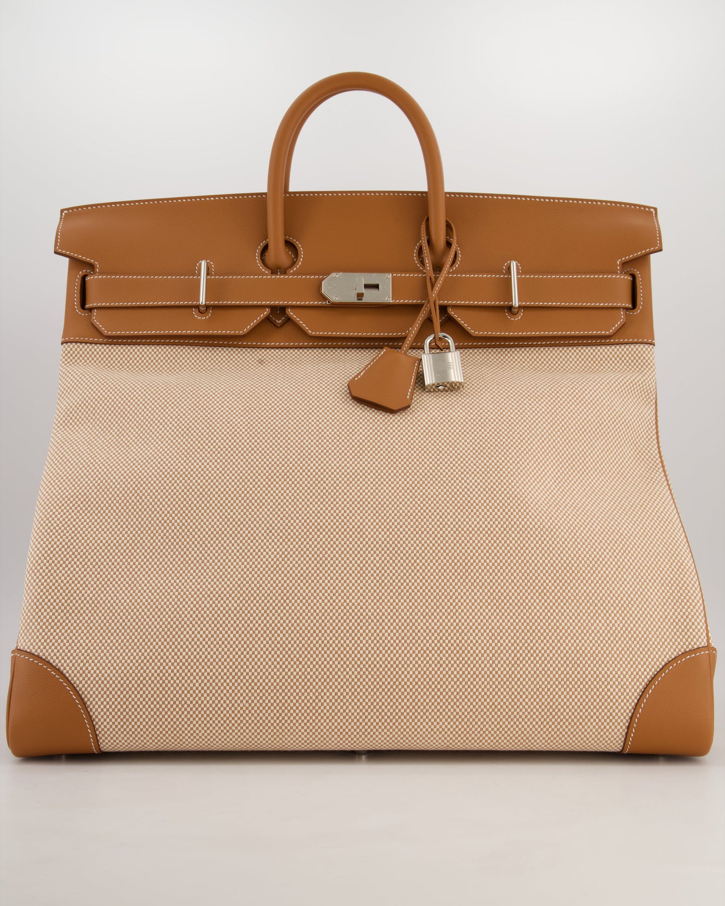 *RARE* Hermes Haut à Courroies HAC 50 Bag in Gold Evercolour Leather & Écru/Beige Toile Cross Canvas with Palladium Hardware