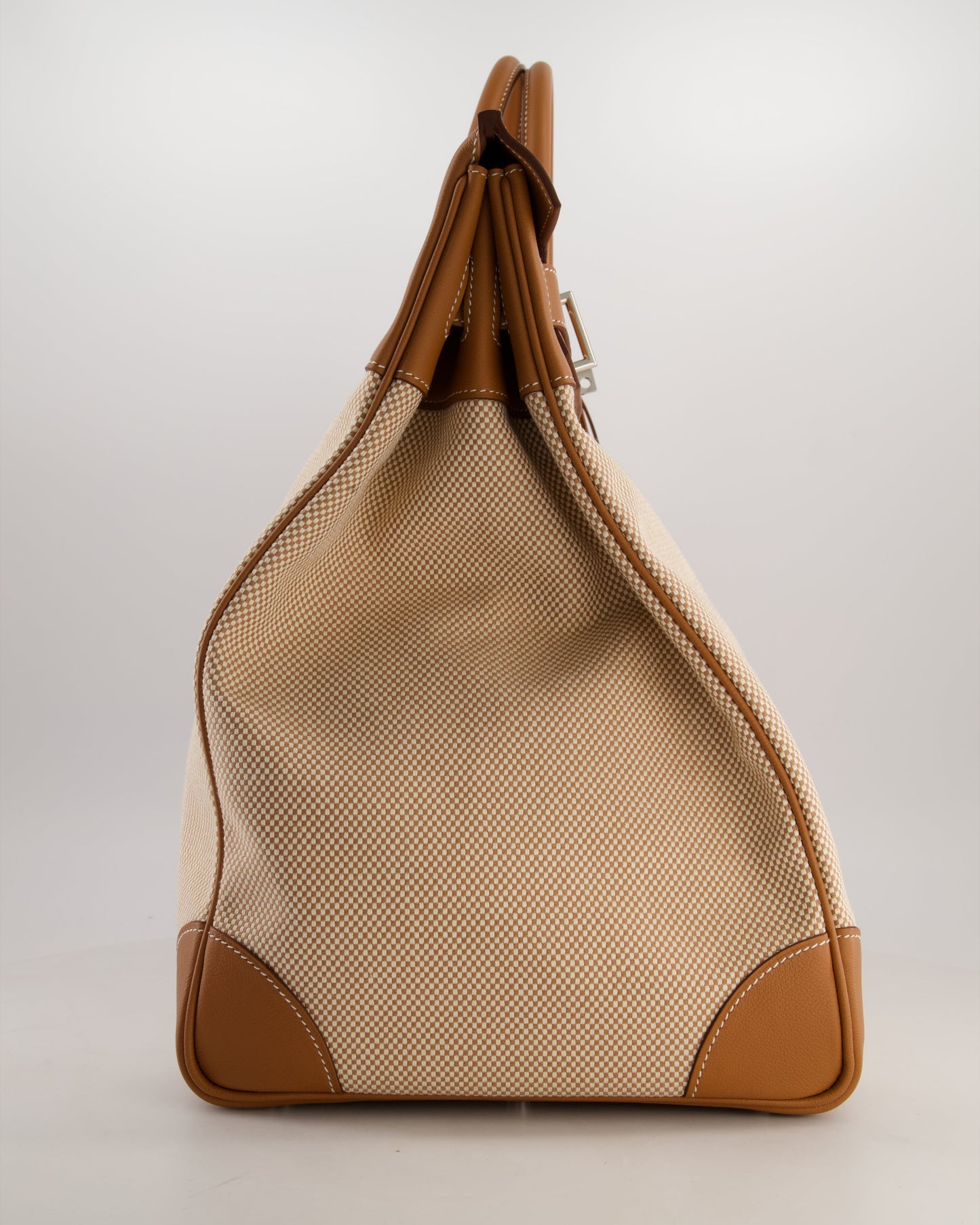 *RARE* Hermes Haut à Courroies HAC 50 Bag in Gold Evercolour Leather & Écru/Beige Toile Cross Canvas with Palladium Hardware
